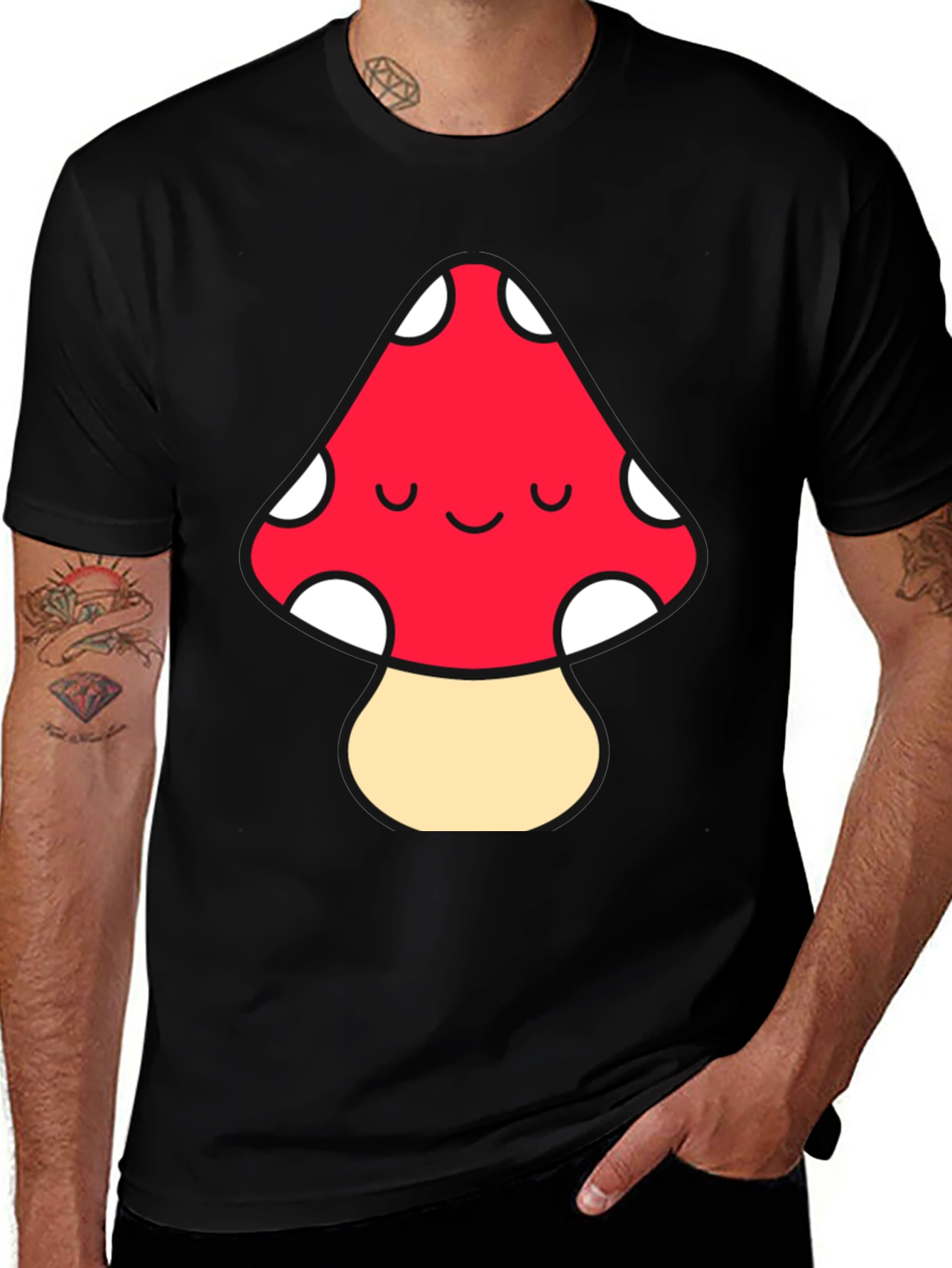 Variant 29 of Cute Cartoon Mushroom Graphic Tee - Black