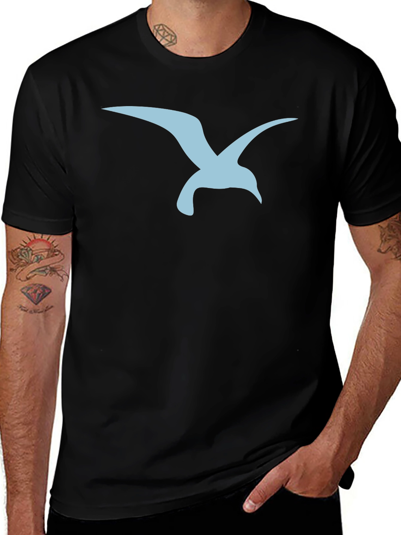 Variant 28 of Men's Black T-Shirt with Blue Seagull Graphic