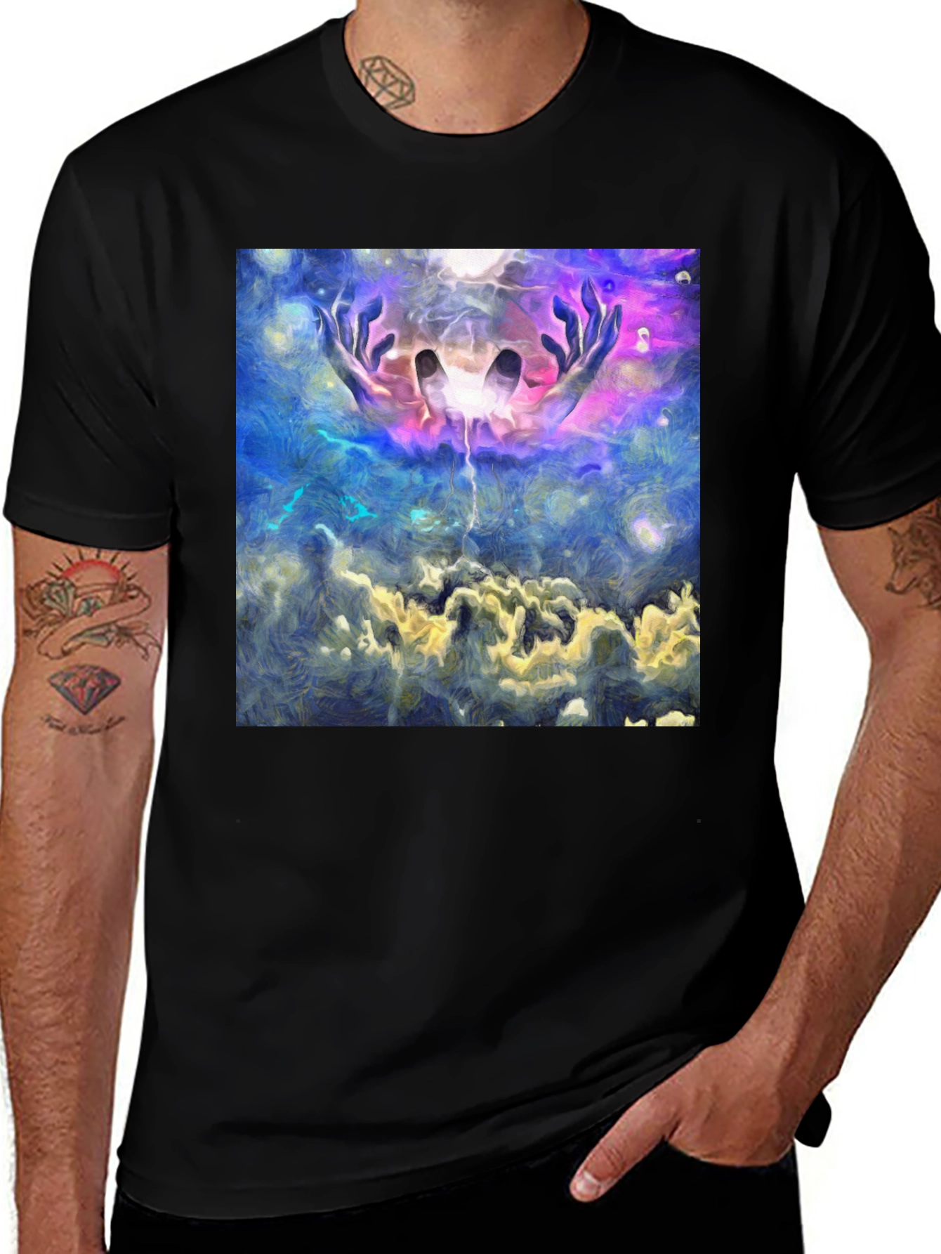 Abstract Hands in Sky Graphic Black T-Shirt