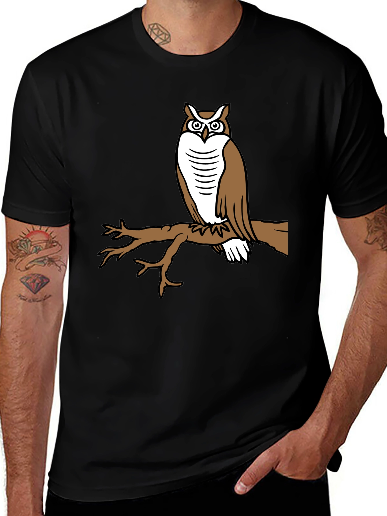 Variant 26 of Owl on Branch Graphic Tee - Black Casual T-Shirt
