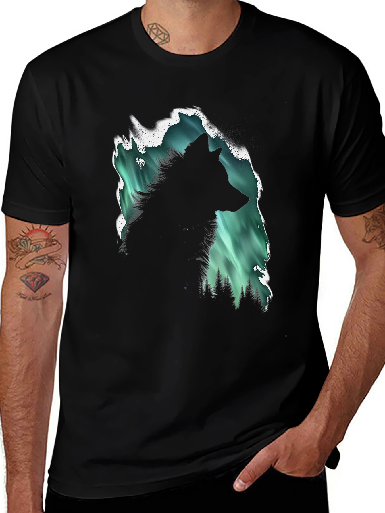 Variant 30 of Wolf Aurora Borealis Graphic Black T-Shirt