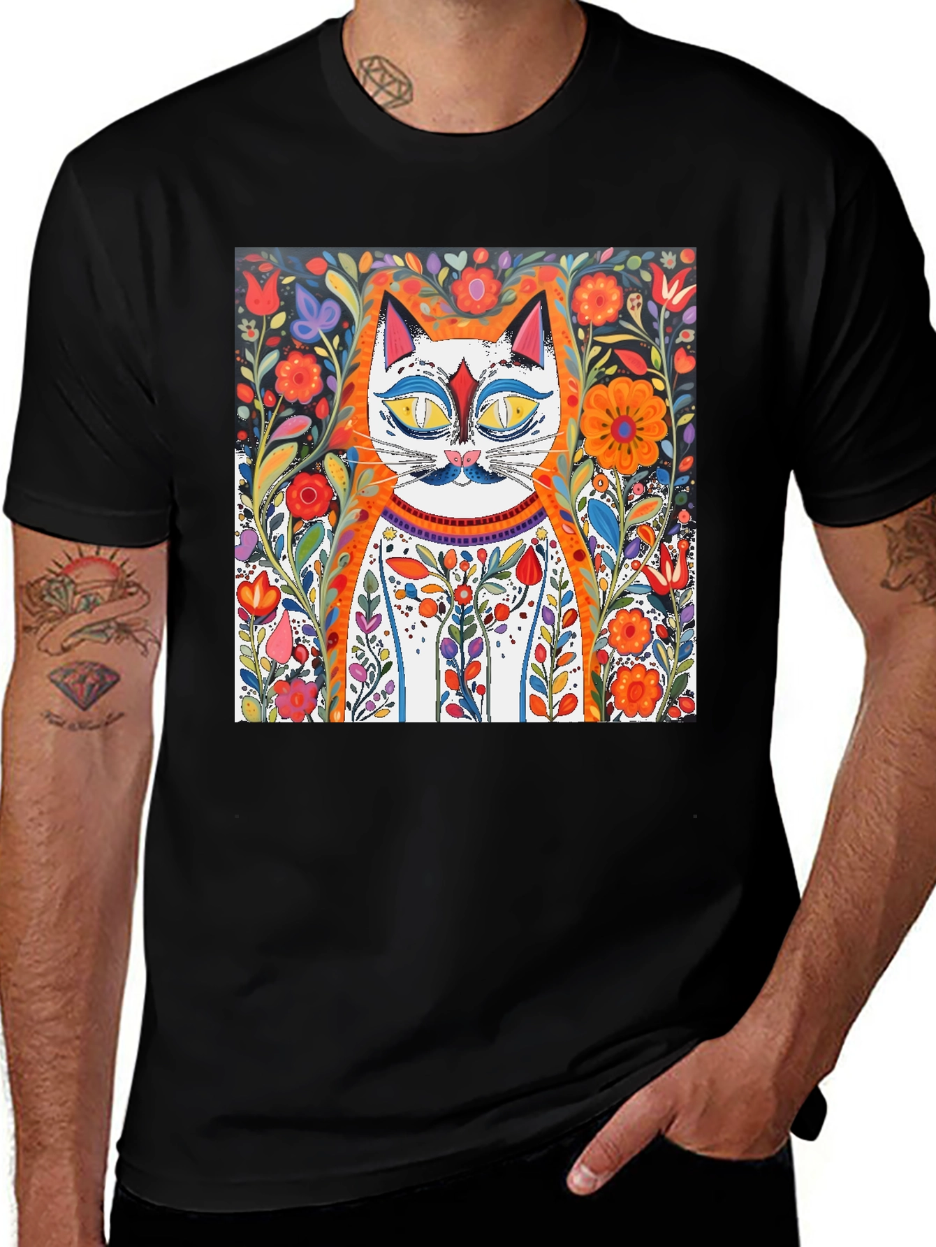 Variant 29 of Floral Cat Art Graphic Tee - Whimsical Print