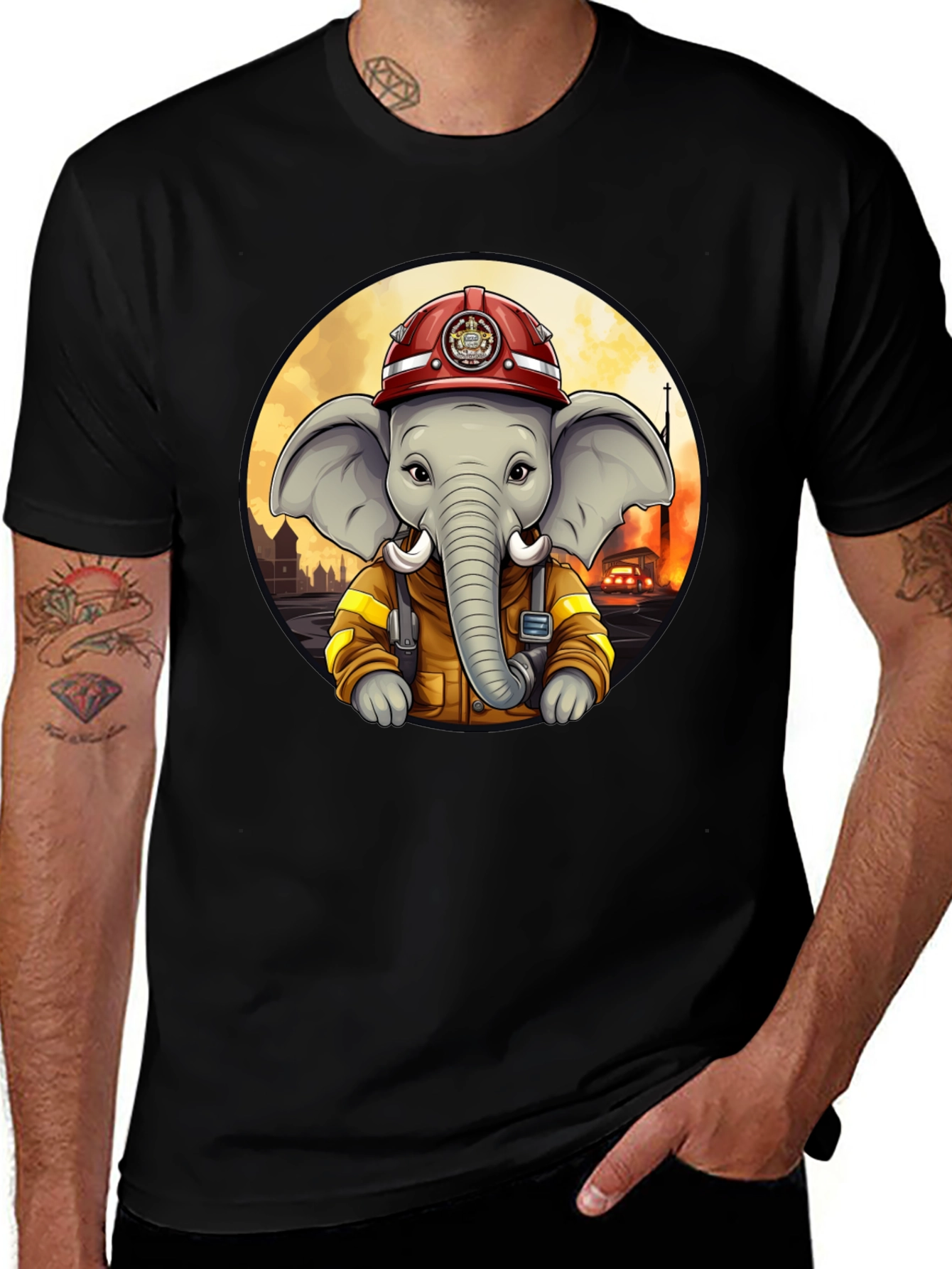 Variant 9 of Elephant Firefighter T-Shirt - Cartoon Style
