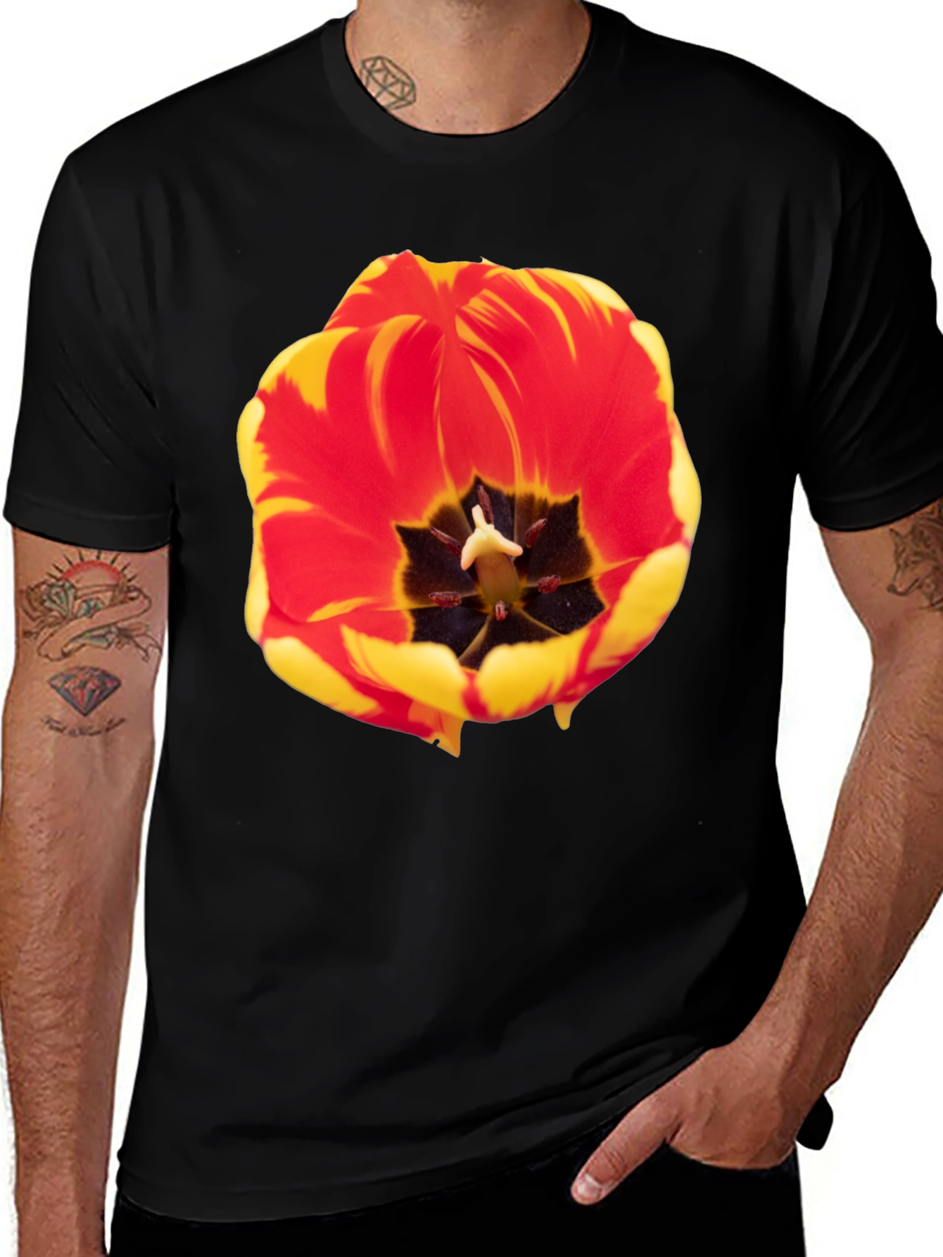 Variant 15 of Bold Floral Tulip Print Black T-Shirt