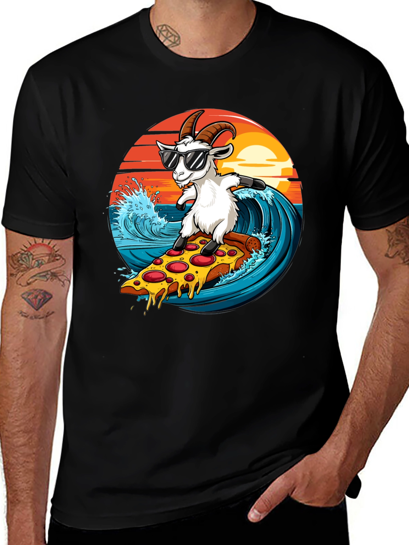 Variant 14 of Goat Surfing Pizza T-Shirt - Unique Graphic Tee
