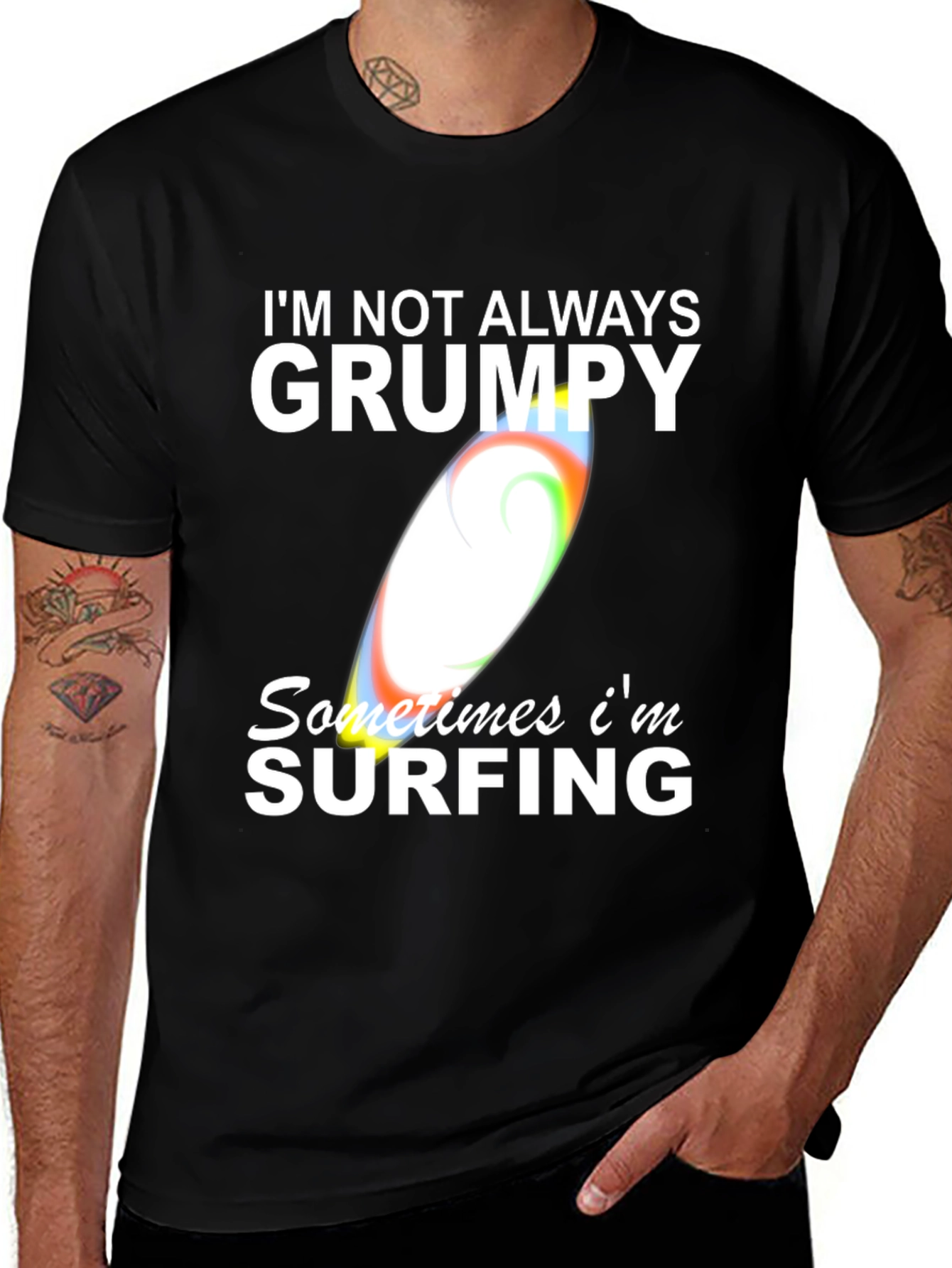 Variant 8 of Grumpy Surfing Graphic Tee -  Men's Black Cotton T-Shirt