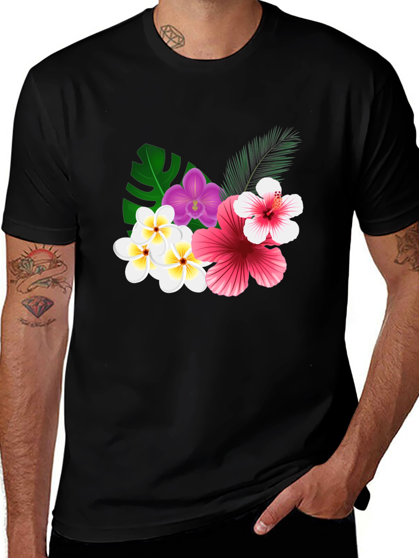 Variant 13 of Tropical Floral Print Black T-Shirt