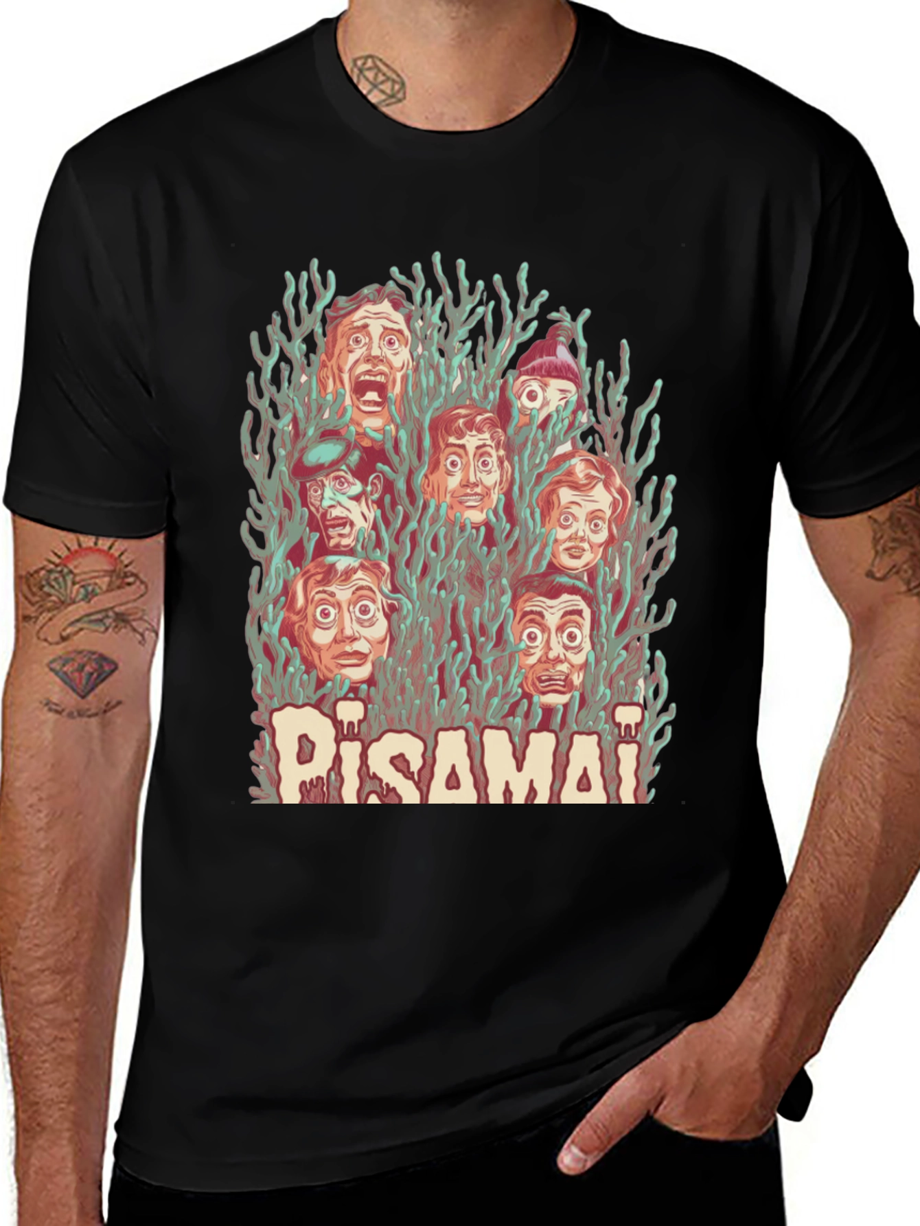 Variant 7 of Pisamai Horror Faces Graphic Tee - Spooky Retro Design