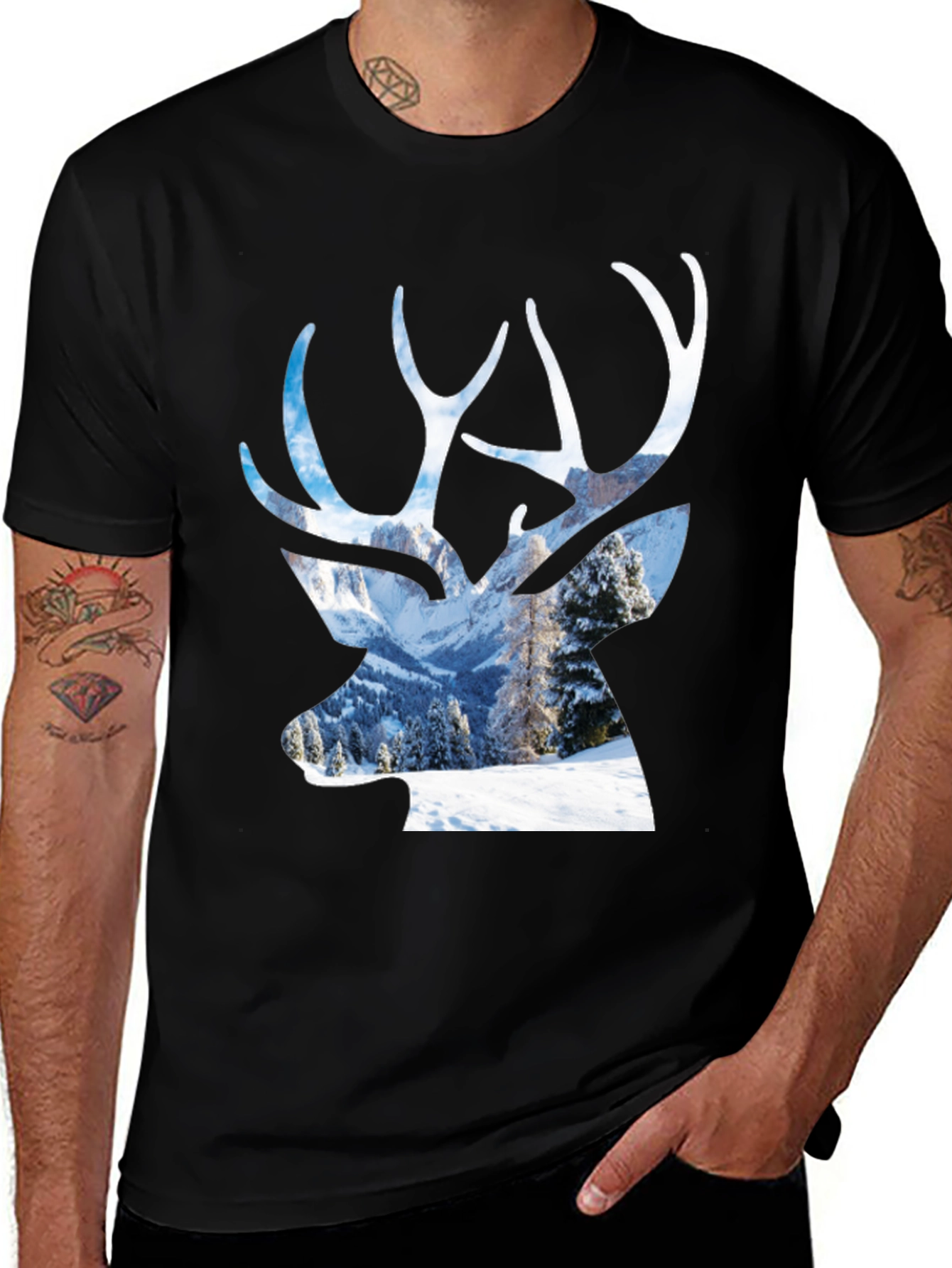 Variant 12 of Winter Deer Graphic Black T-Shirt