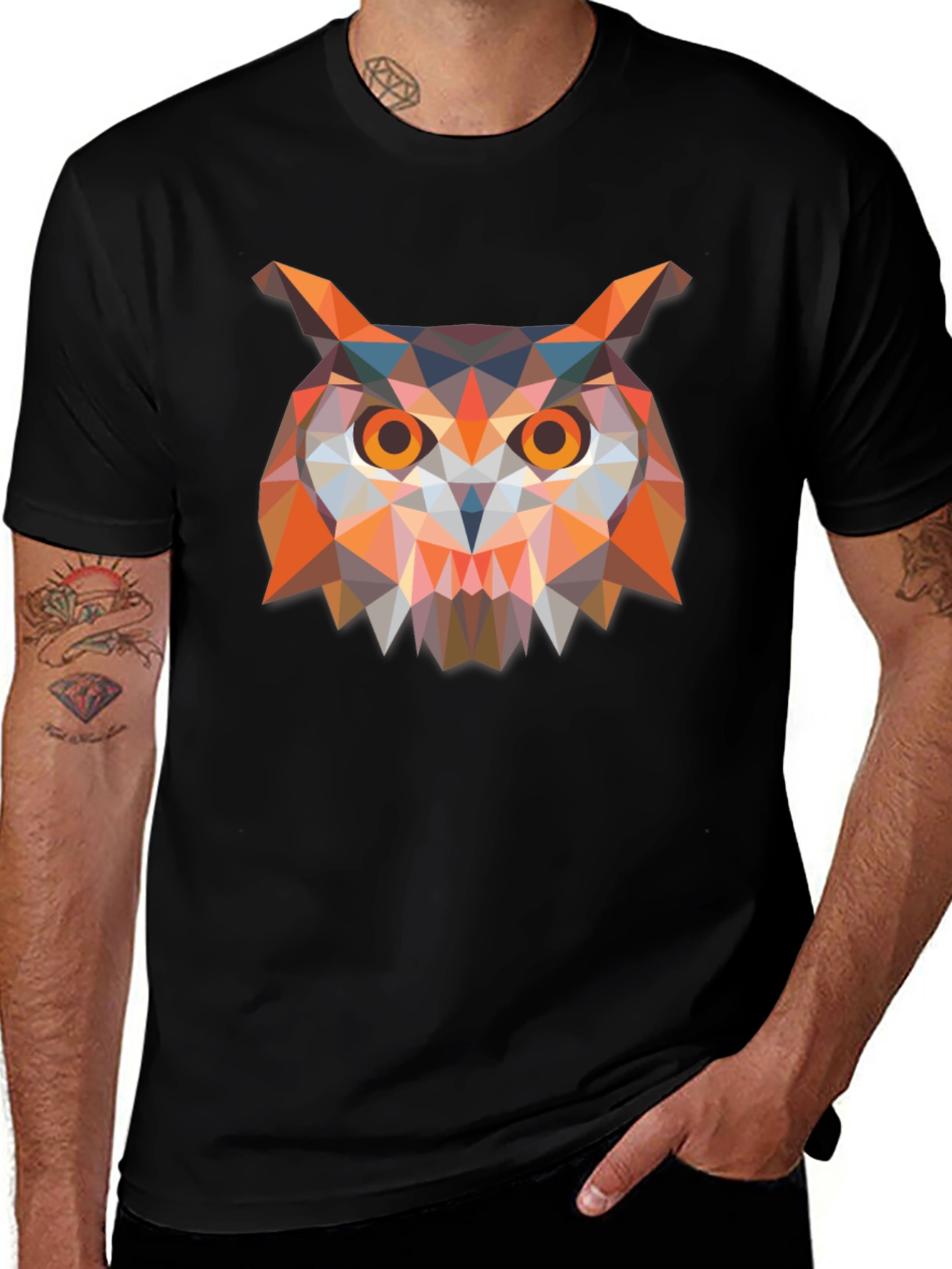 Variant 4 of Geometric Owl Print Black T-Shirt