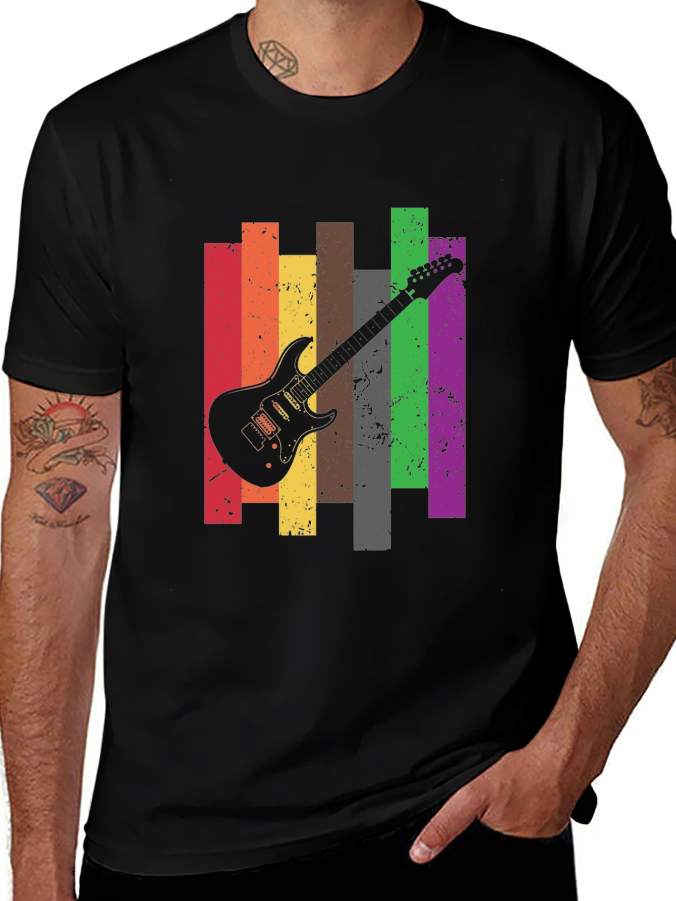 Variant 8 of Retro Guitar Stripe Graphic Tee - Black Cotton T-Shirt