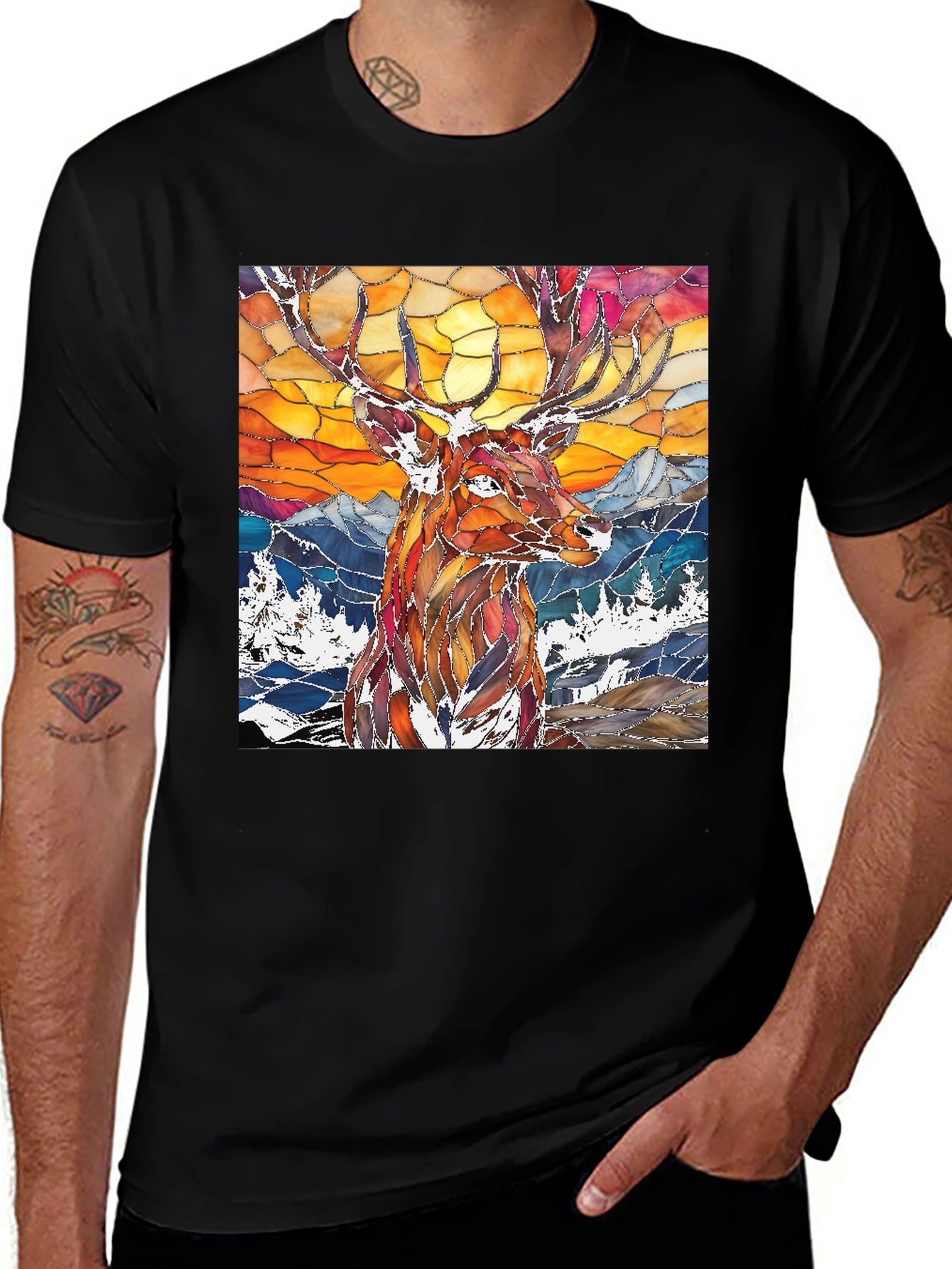 Variant 15 of Stained Glass Deer Graphic Tee - Men's Black T-Shirt