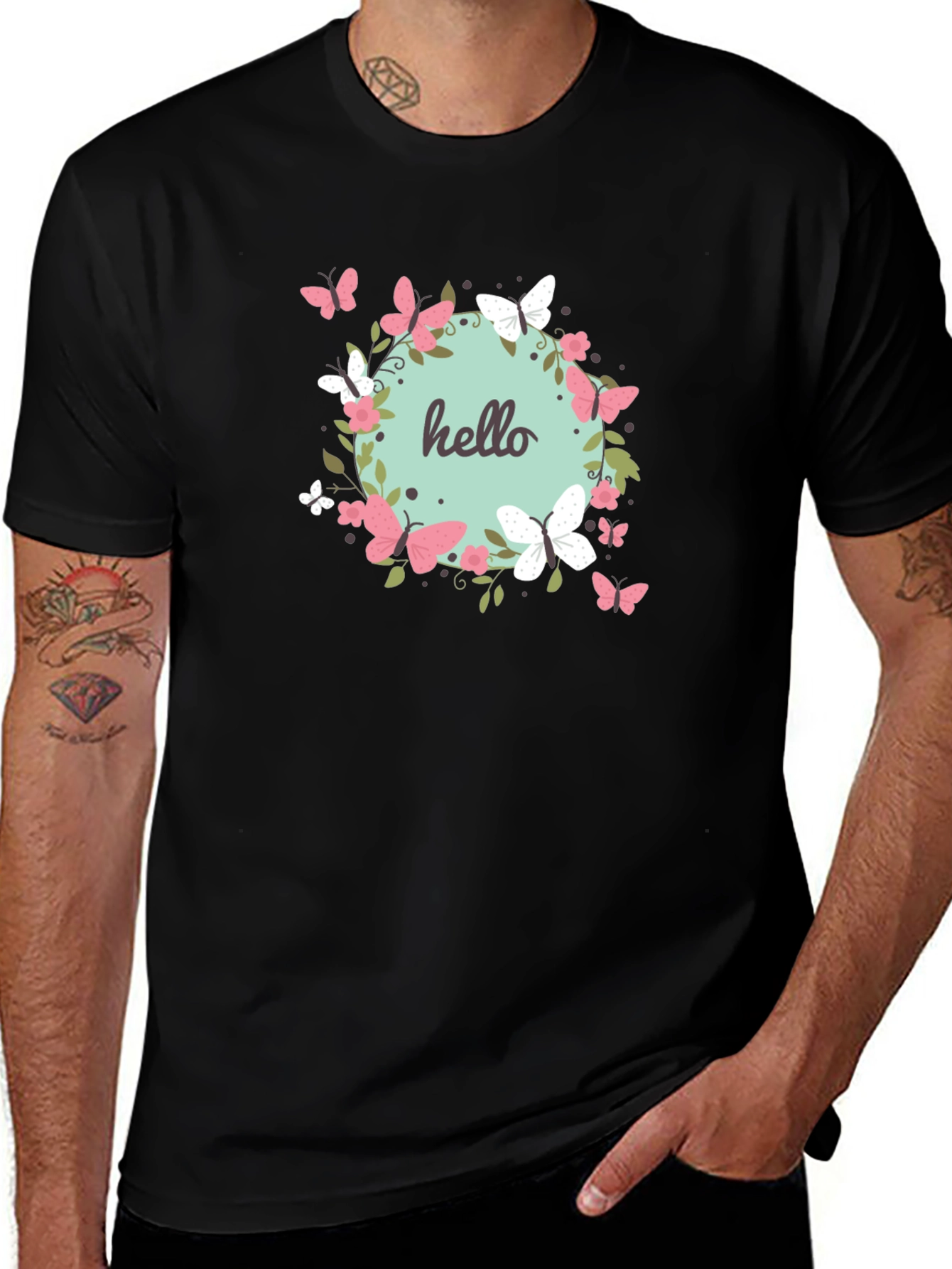 Butterfly Hello Graphic Tee - Black Cotton Casual Shirt