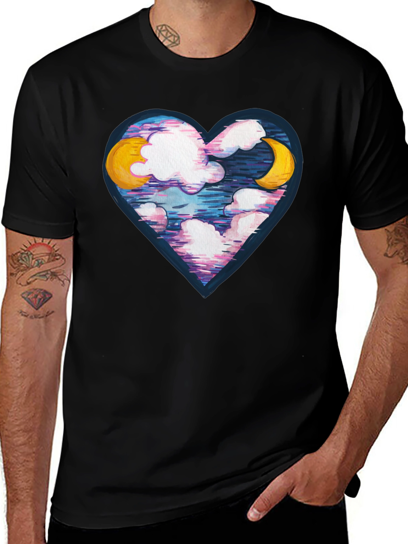 Variant 6 of Moon and Clouds Heart Graphic Tee - Black