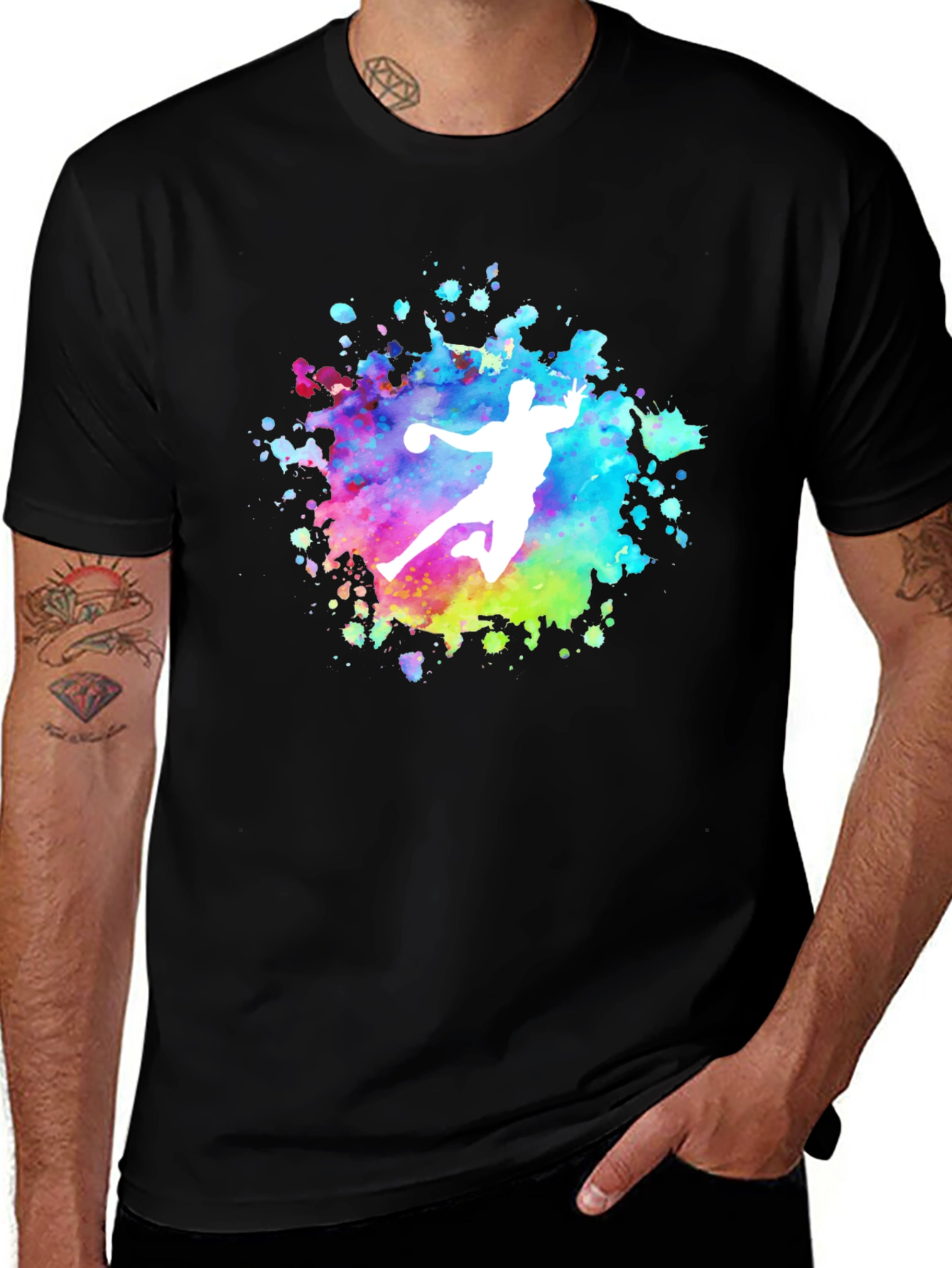 Variant 28 of Handball Player Graphic T-Shirt - Colorful Splatter Design