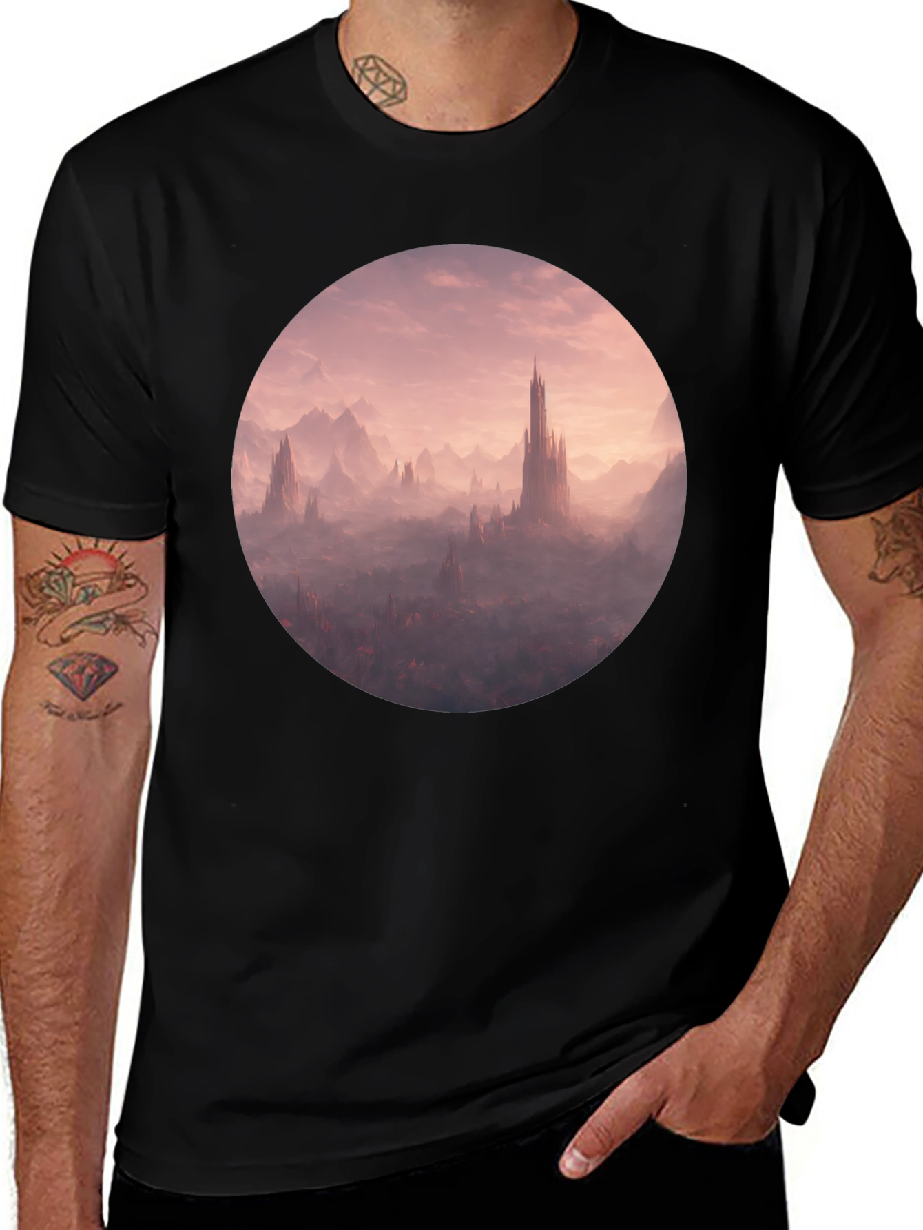 Variant 16 of Fantasy Castle Graphic Tee - Black Cotton T-Shirt