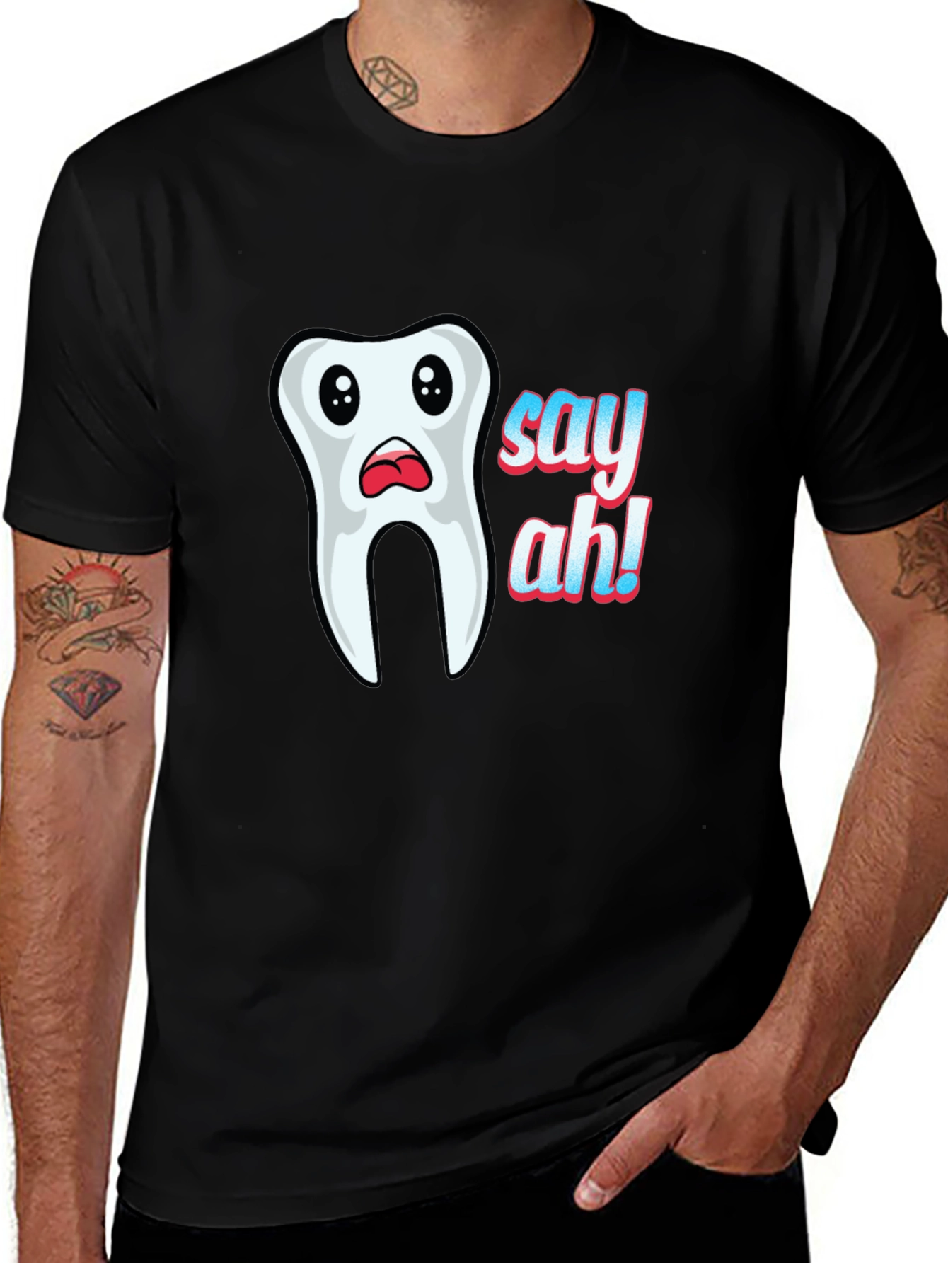 Variant 14 of Funny "Say Ah!" Tooth Graphic Black T-Shirt
