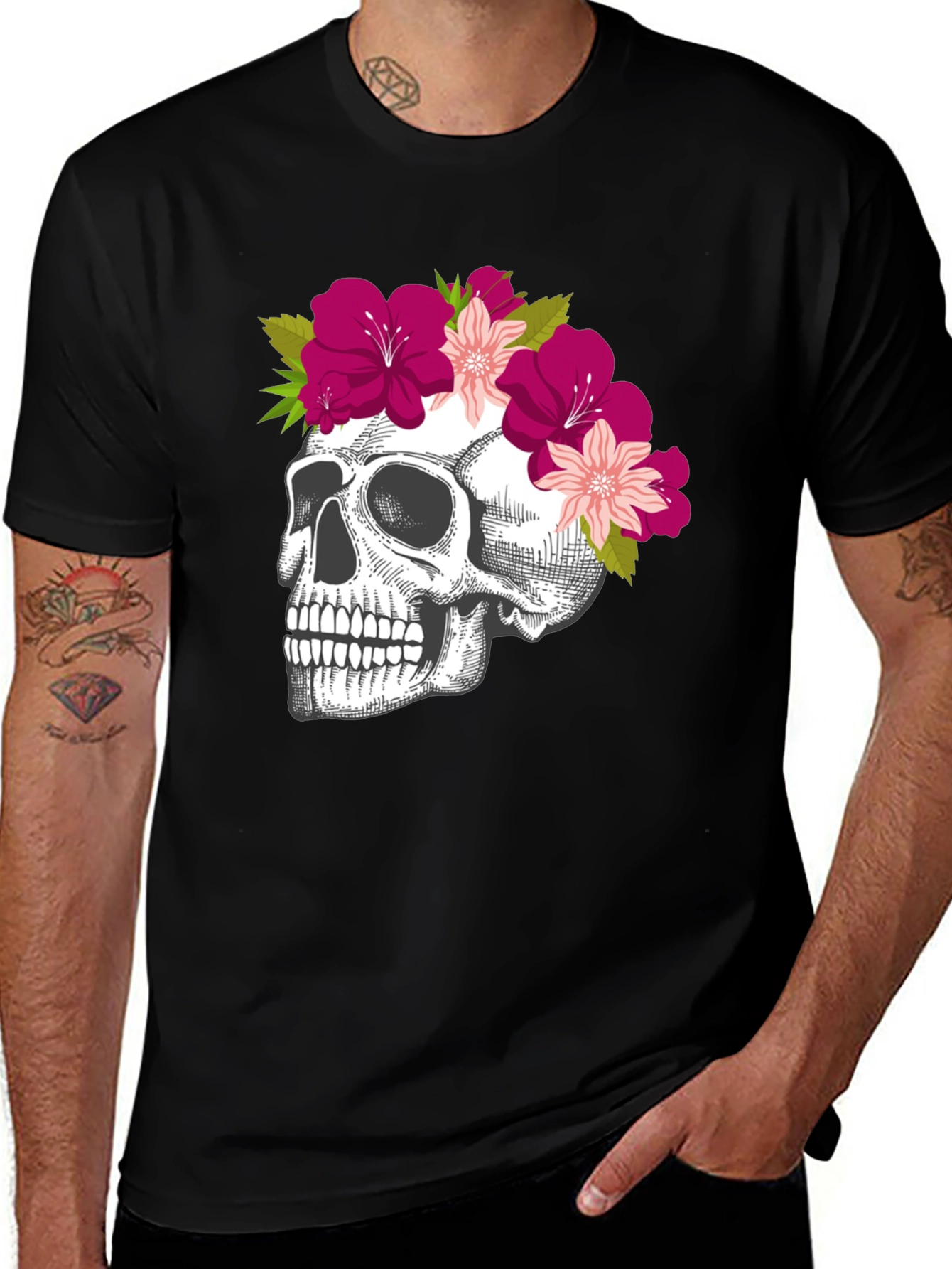 Variant 10 of Floral Skull Graphic Tee - Stylish Black T-Shirt