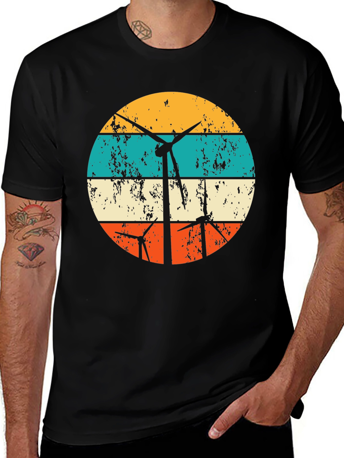 Variant 10 of Retro Wind Turbine Graphic Tee - Black
