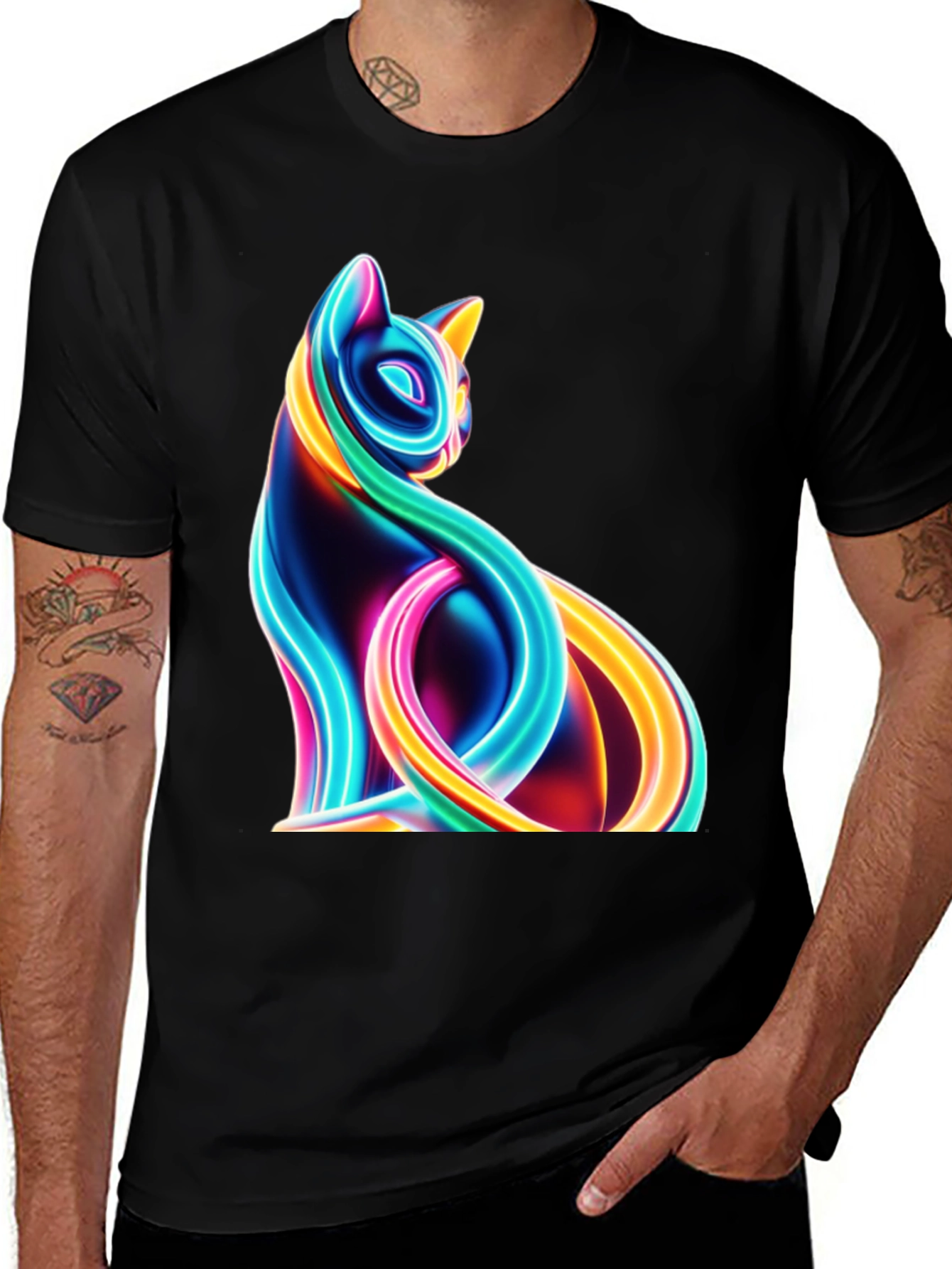 Variant 5 of Neon Cat Graphic Black T-Shirt