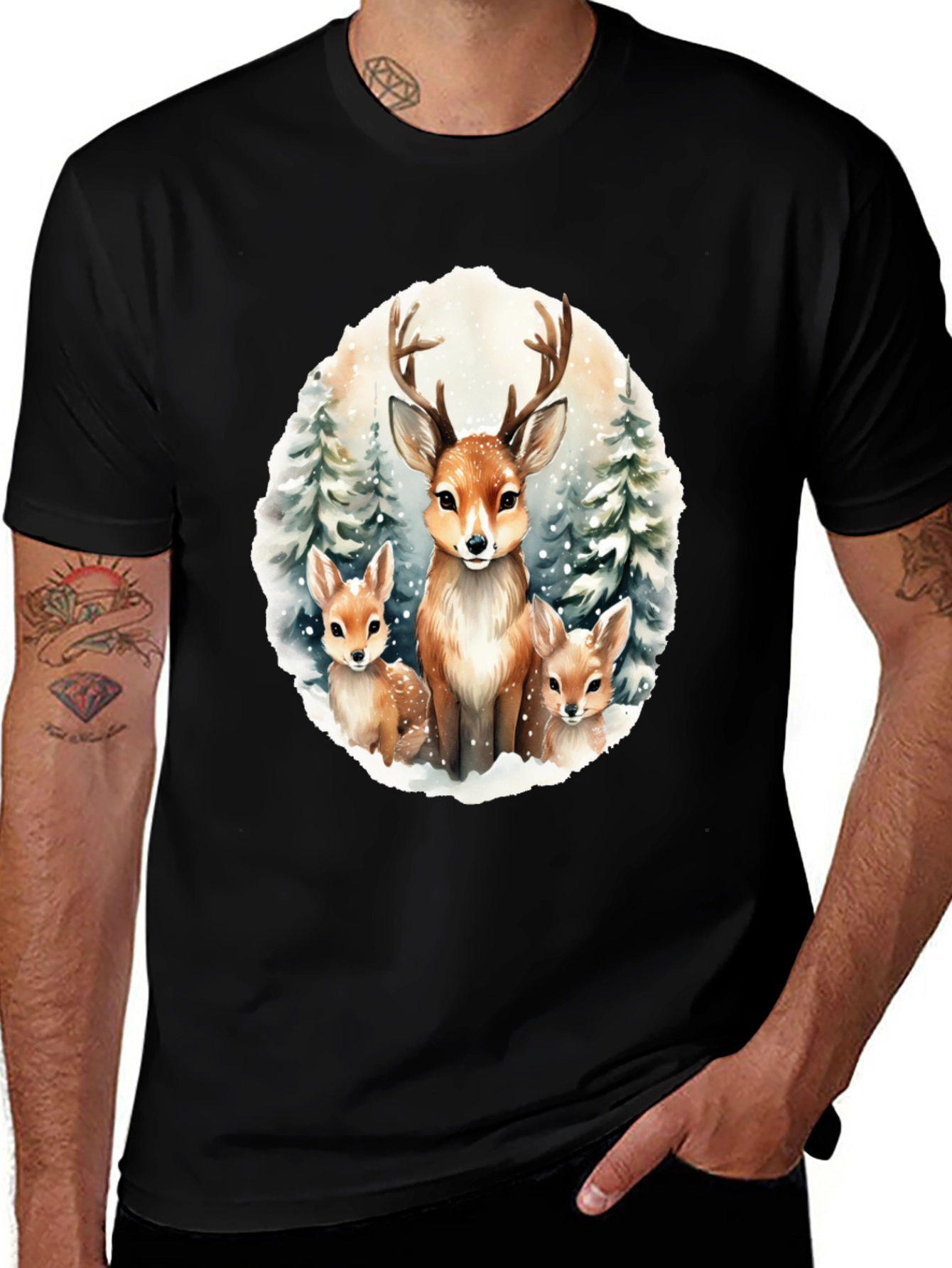 Variant 24 of Deer Family Graphic Tee - Winter Forest Design