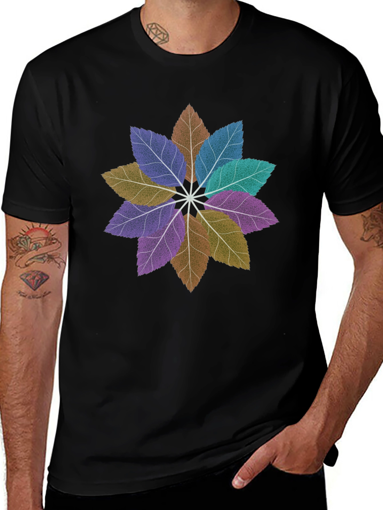 Floral Leaves Mandala Black T-Shirt