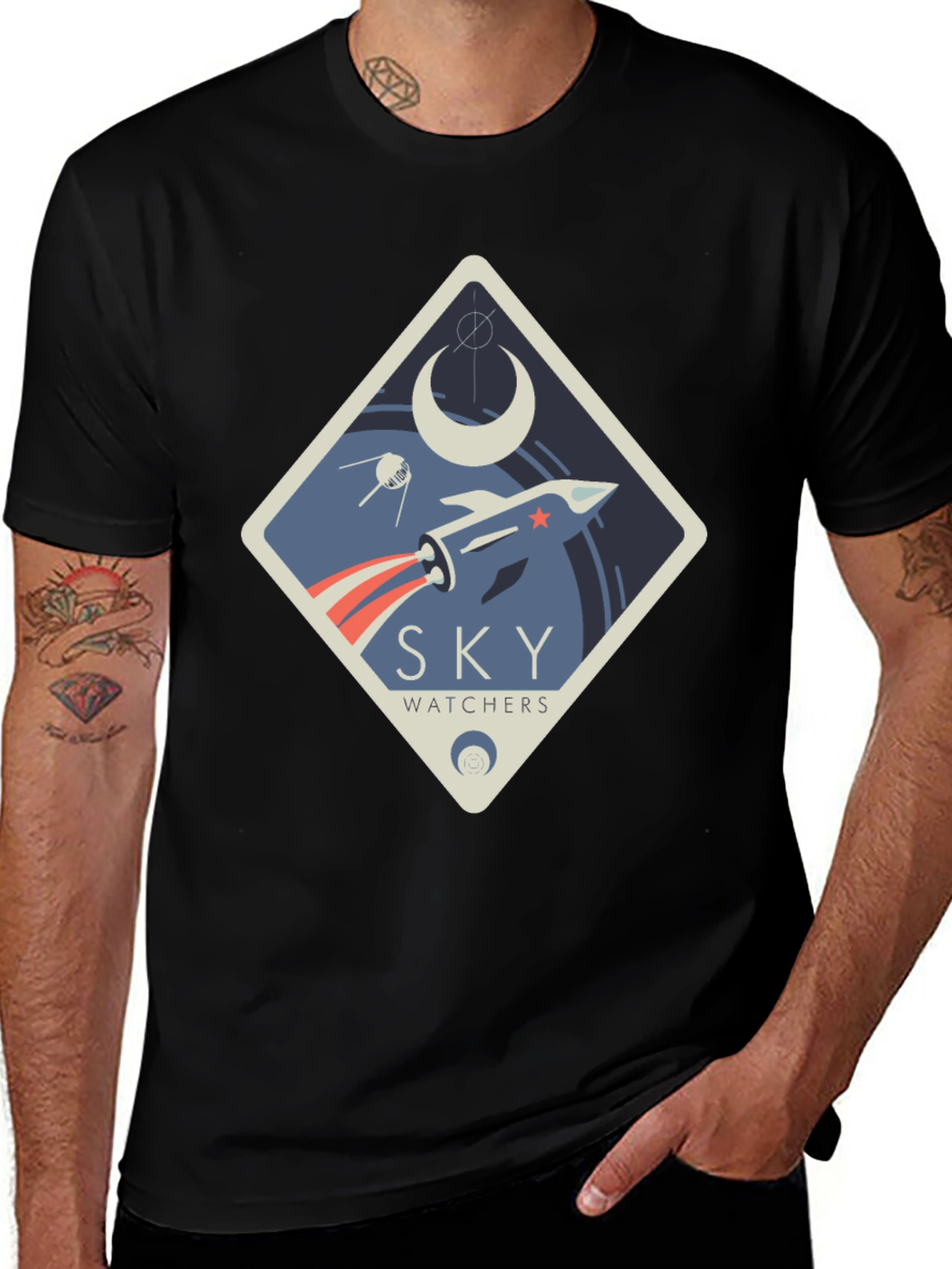 Black Sky Watchers Graphic Tee - Space Rocket Design main image