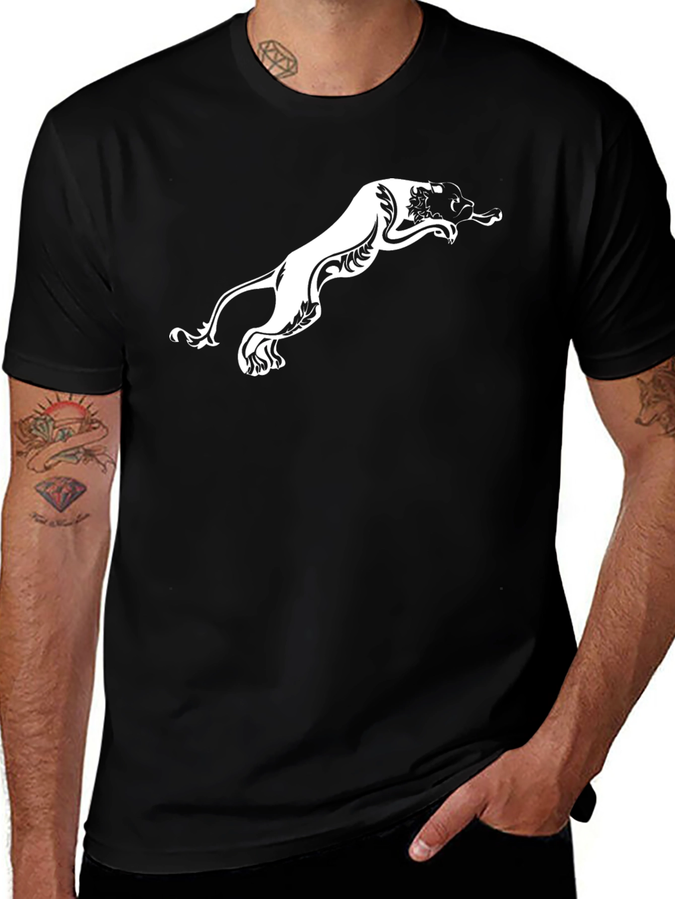 Variant 8 of Men's Black T-Shirt with White Panther Design