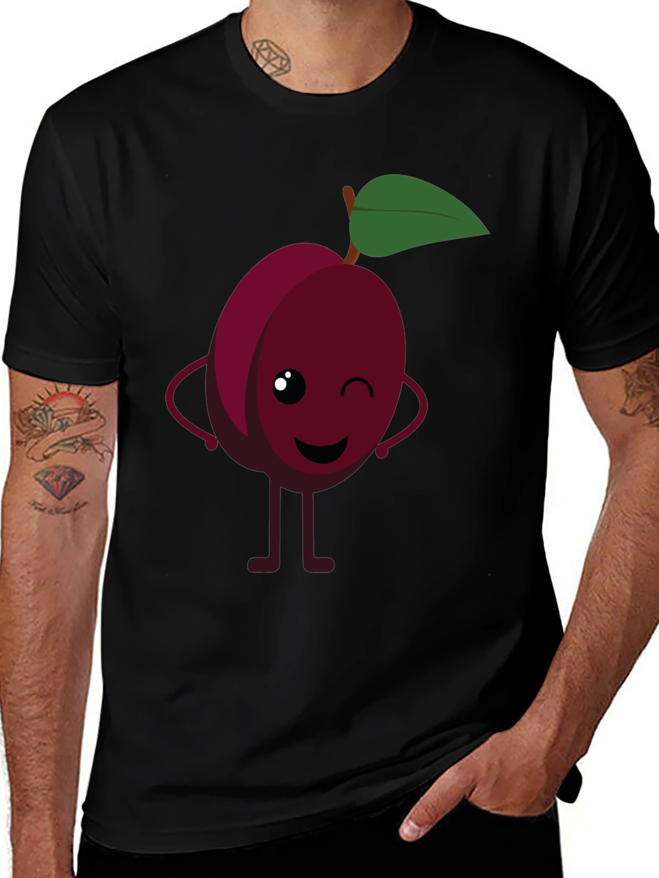 Funny Plum Cartoon Graphic Black T-Shirt