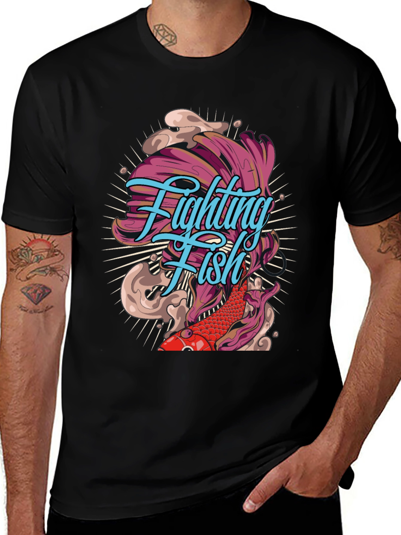 Variant 12 of Fighting Fish Graphic Tee - Black Cotton T-Shirt