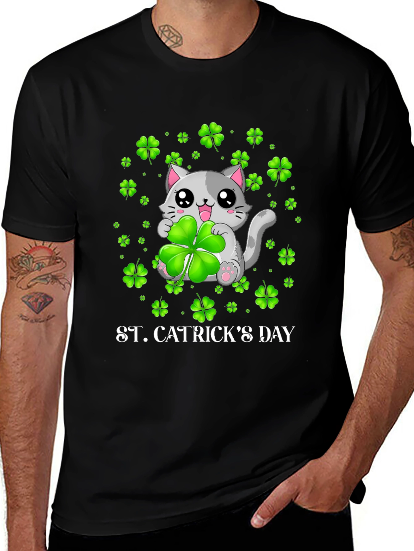 Variant 23 of St. Catrick's Day T-Shirt - Lucky Cat Clover Design