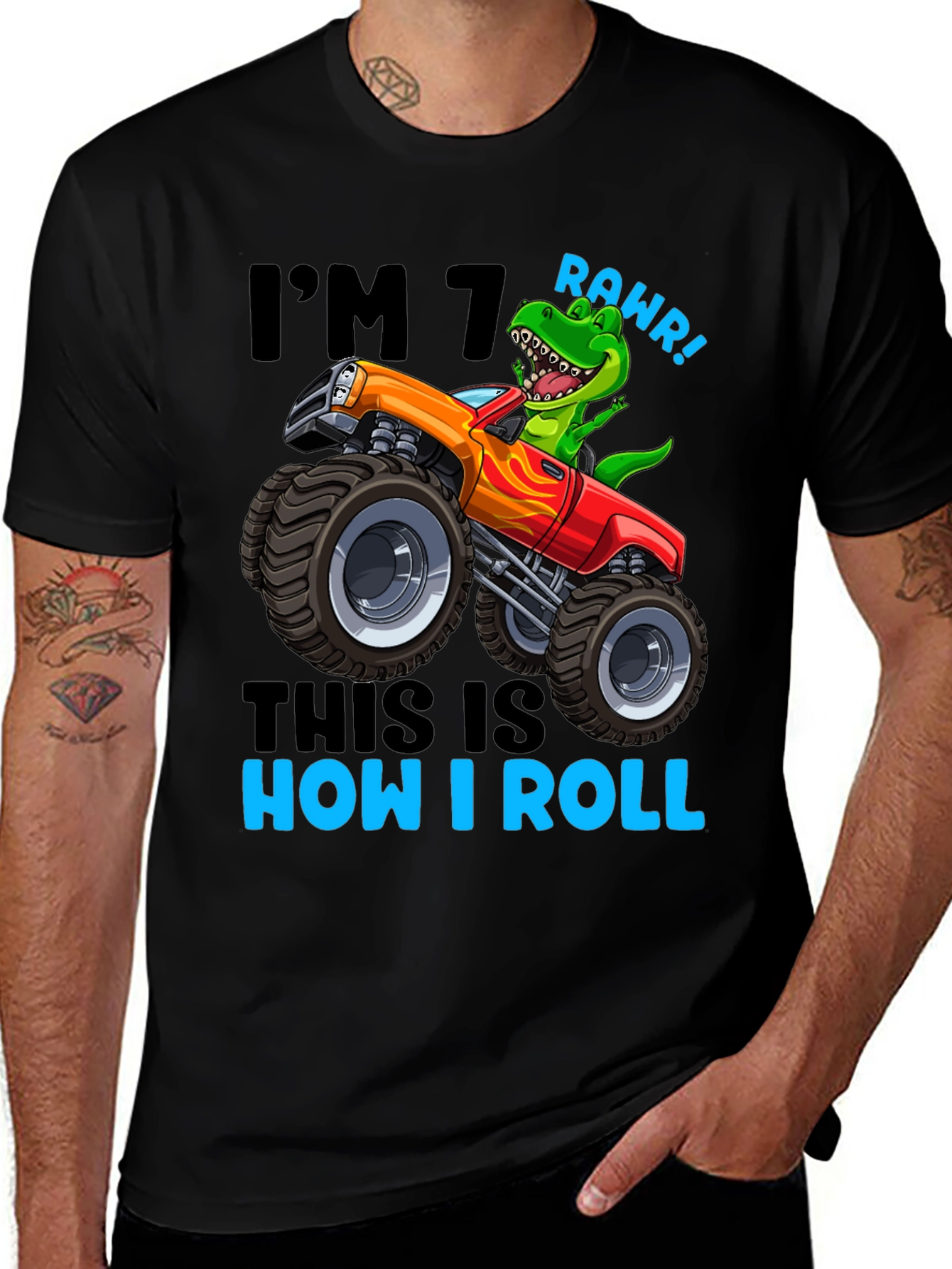 Dinosaur Monster Truck Graphic Tee -  'I'm 7 This is How I Roll'