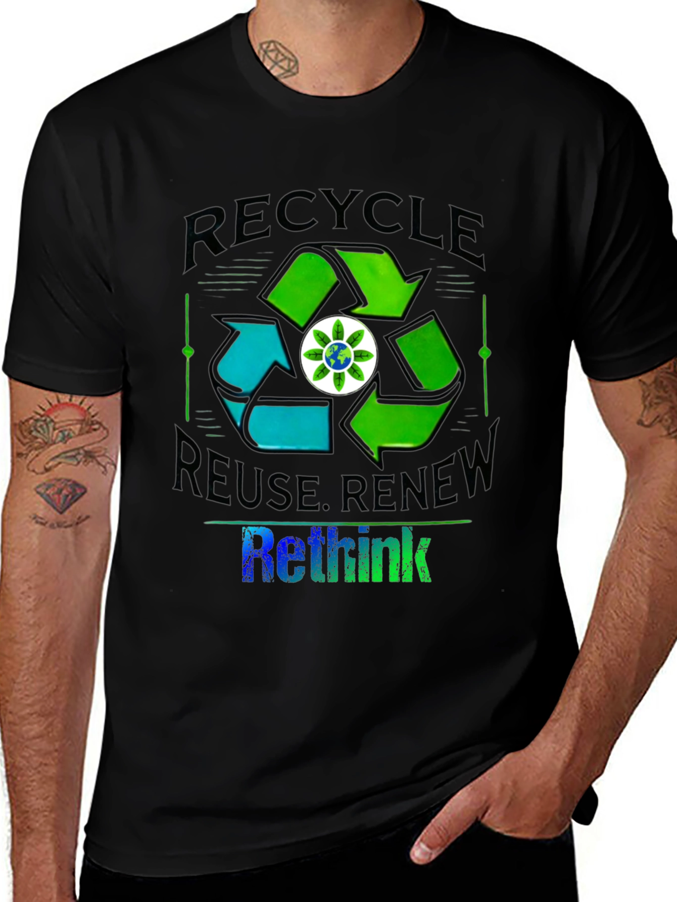 Variant 14 of Eco-Friendly Recycle, Reuse, Renew, Rethink Black T-Shirt