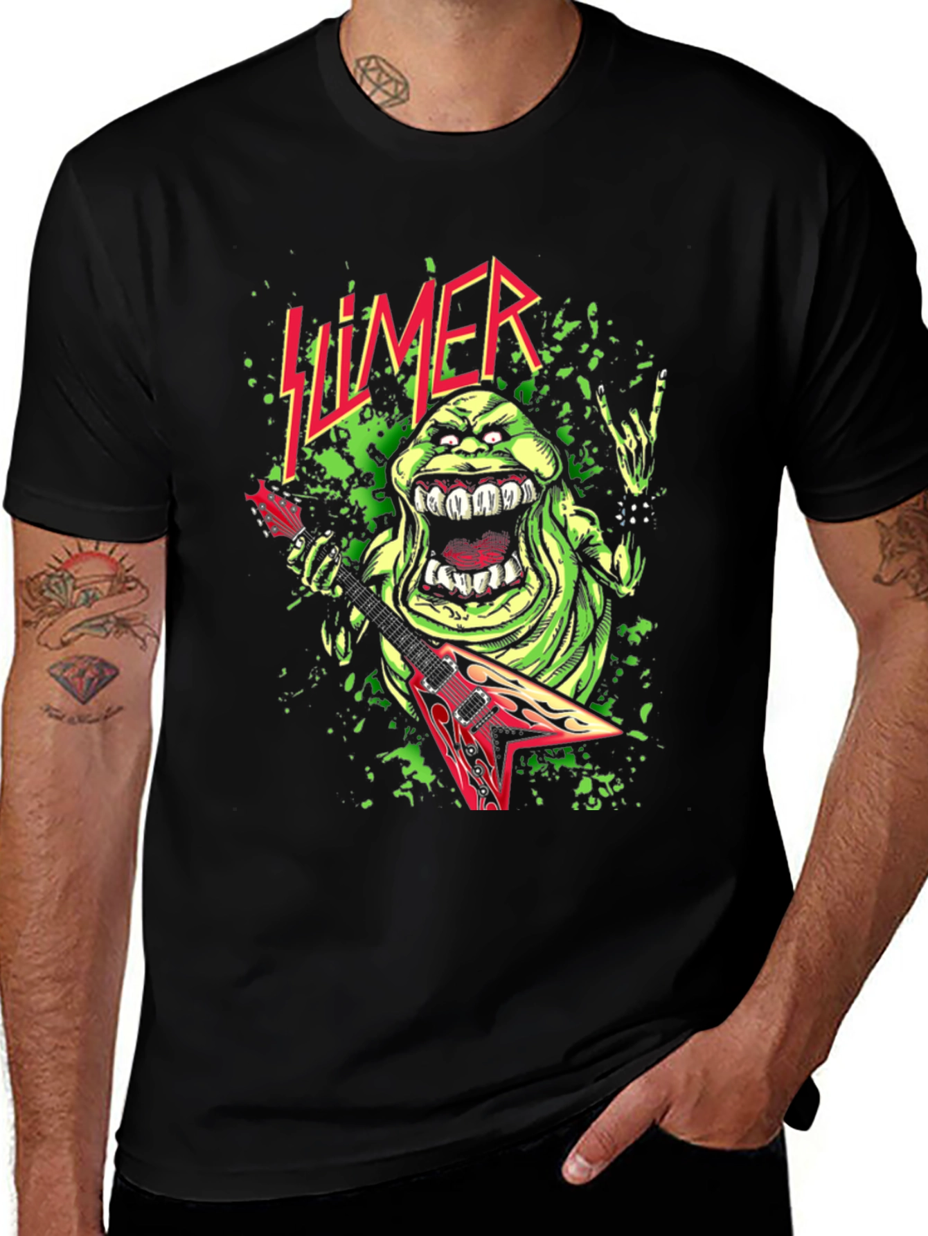 Slimer Rock T-Shirt - Ghostbusters Heavy Metal Style