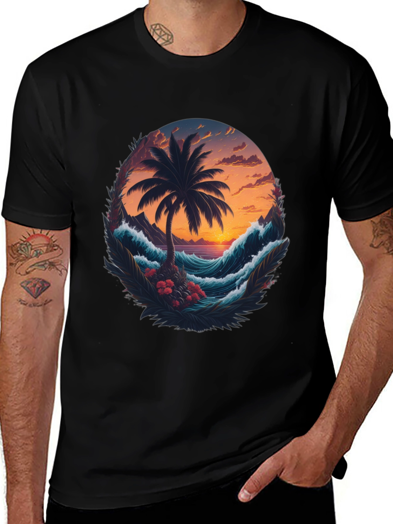 Variant 27 of Tropical Sunset Palm Tree Graphic Tee - Black