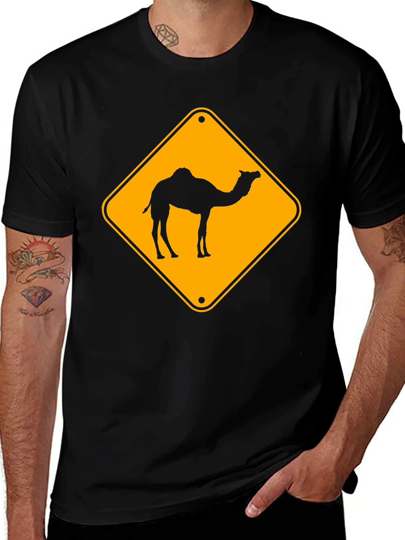 Variant 28 of Novelty Camel Crossing T-Shirt - Black Cotton Tee