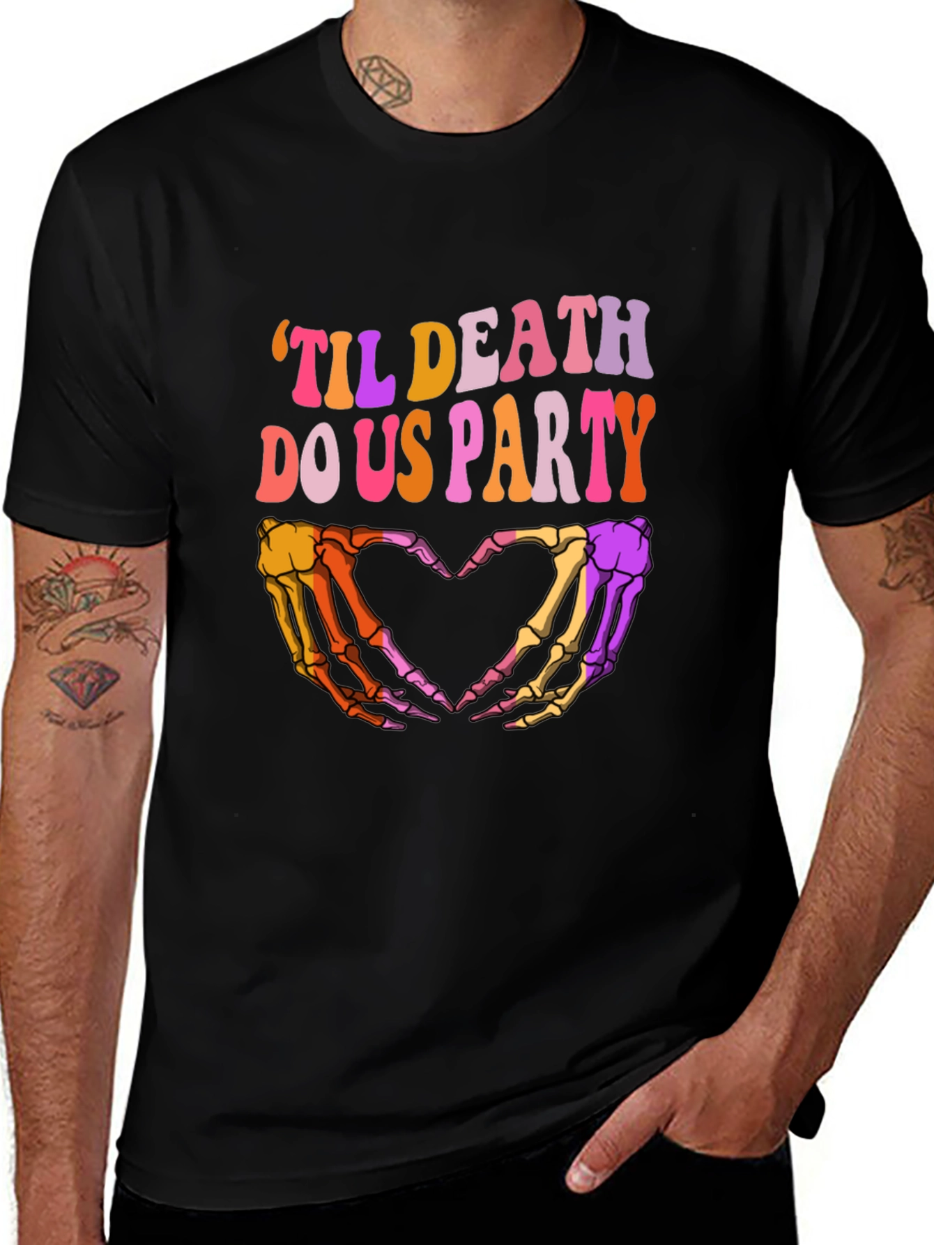 'Til Death Do Us Party Graphic Tee - Halloween Skeleton Hands Heart