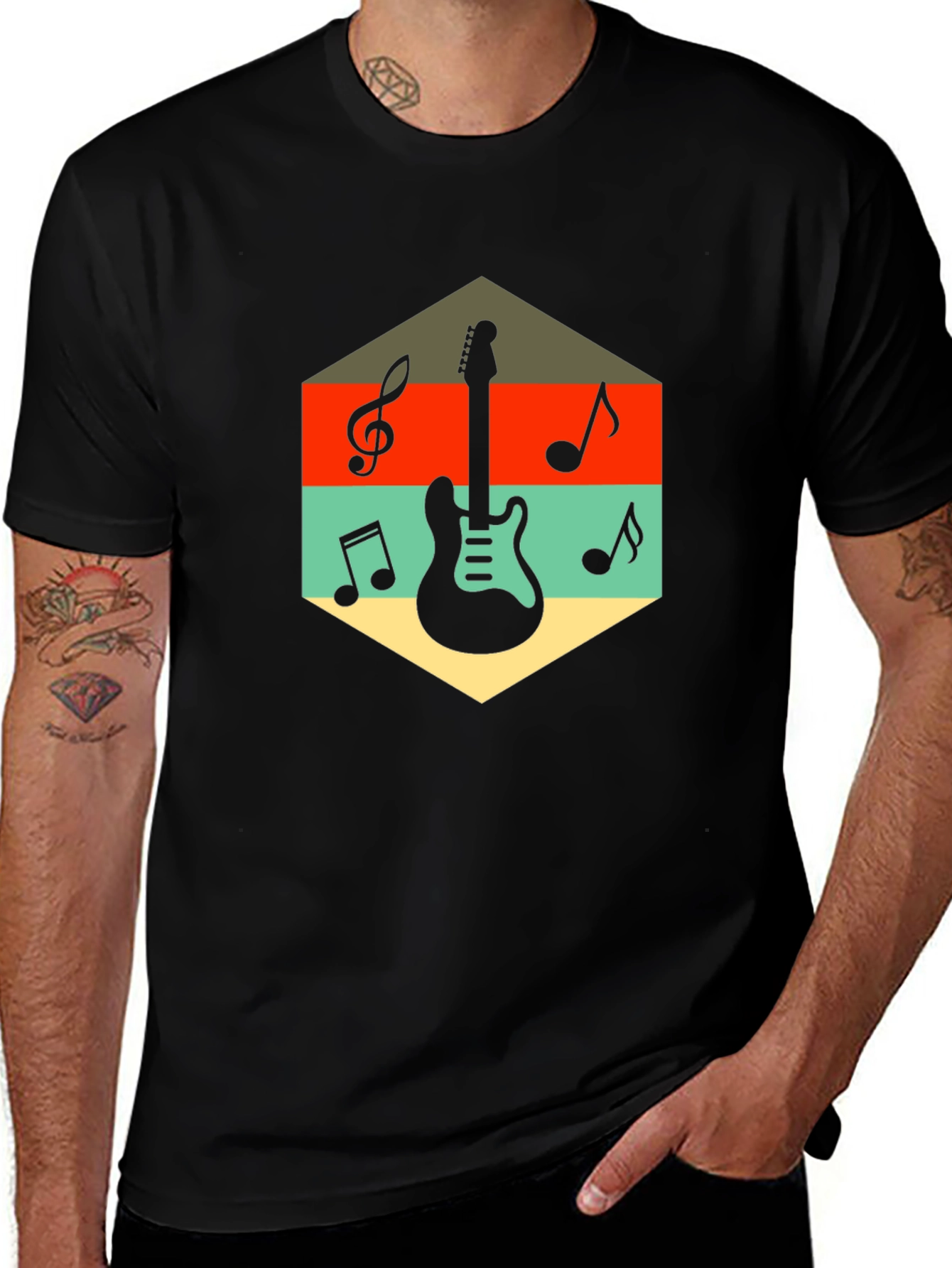 Black Retro Guitar & Music Note Graphic T-Shirt main image
