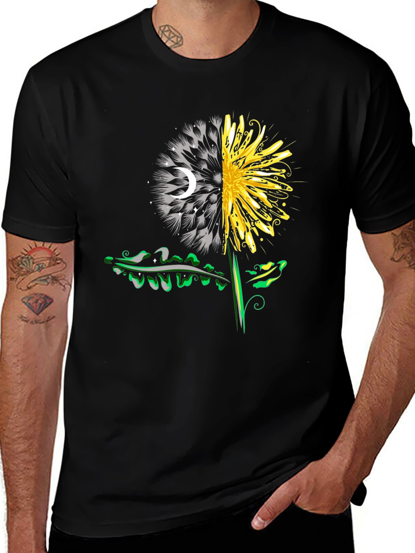 Variant 10 of Yin Yang Dandelion Graphic T-Shirt - Black Cotton
