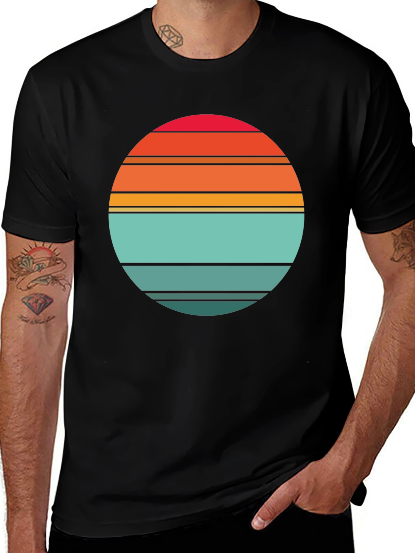 Variant 24 of Retro Sunset Striped Graphic Tee - Black