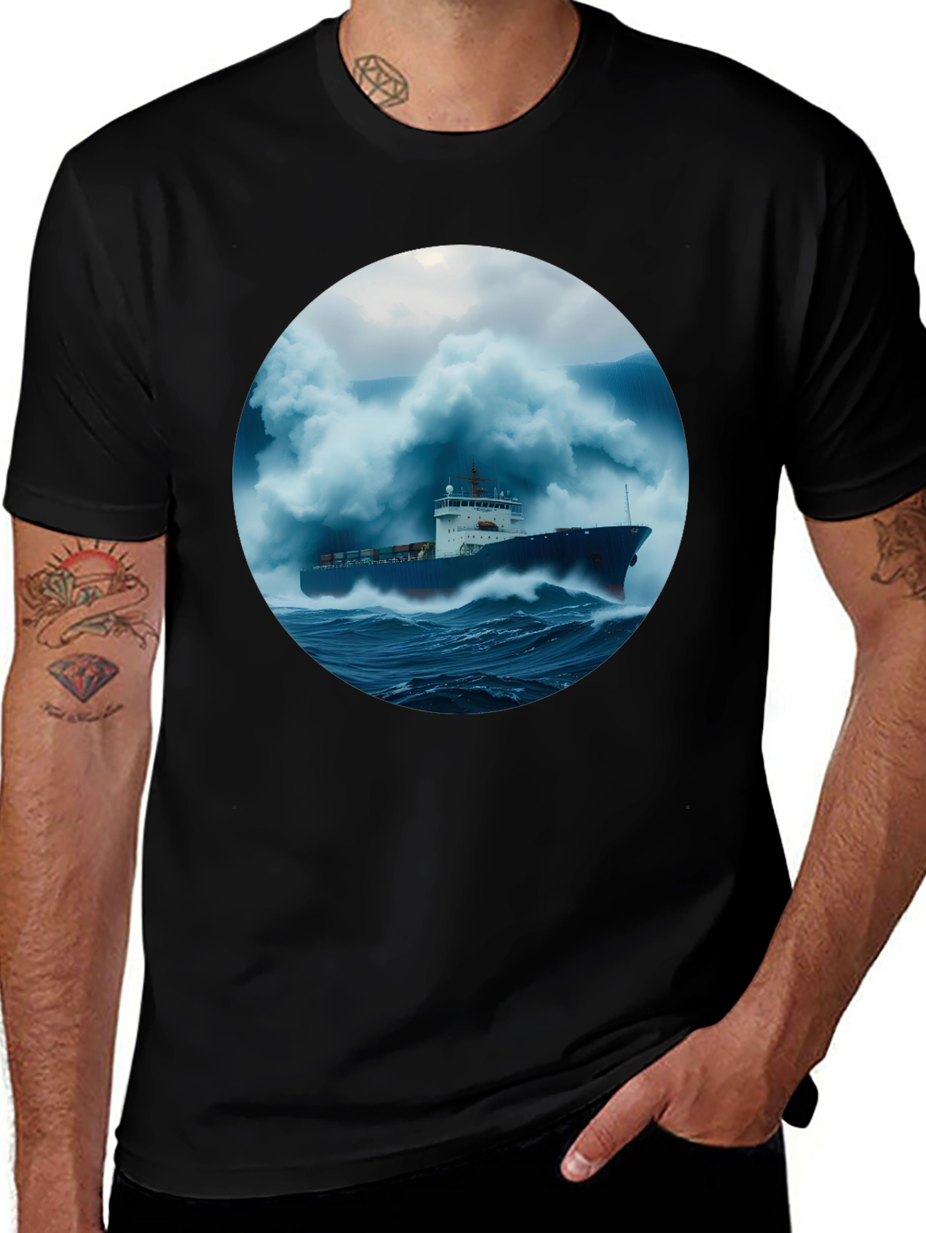 Ocean Storm Boat Graphic Tee - Stylish Black T-Shirt