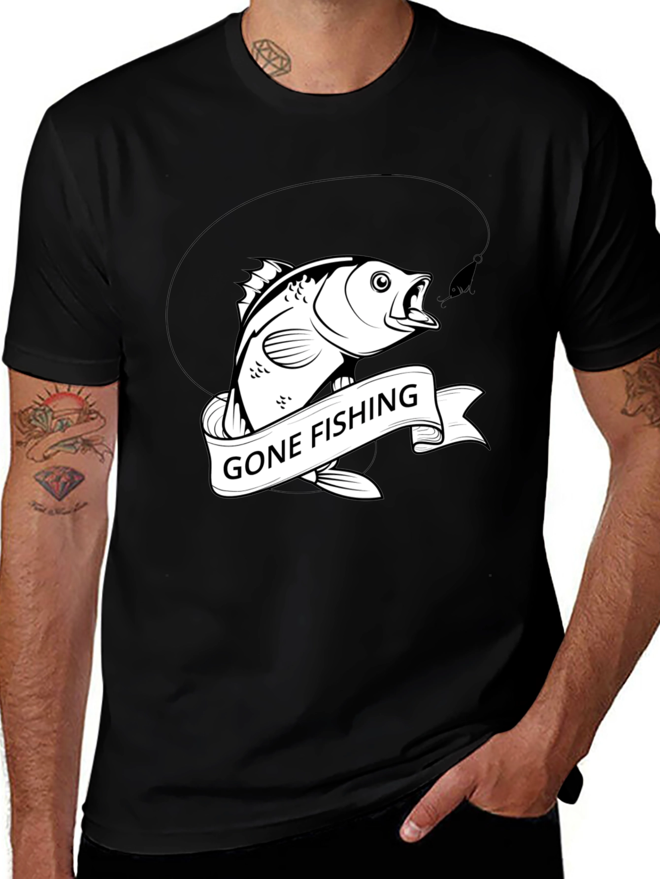 Gone Fishing Black Graphic Tee Shirt