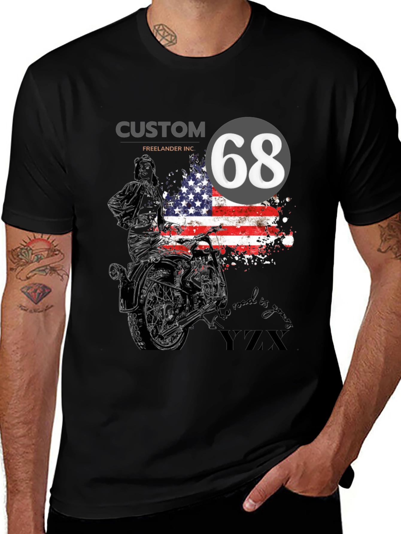 Black Custom 68 American Flag Motorcycle T-Shirt main image