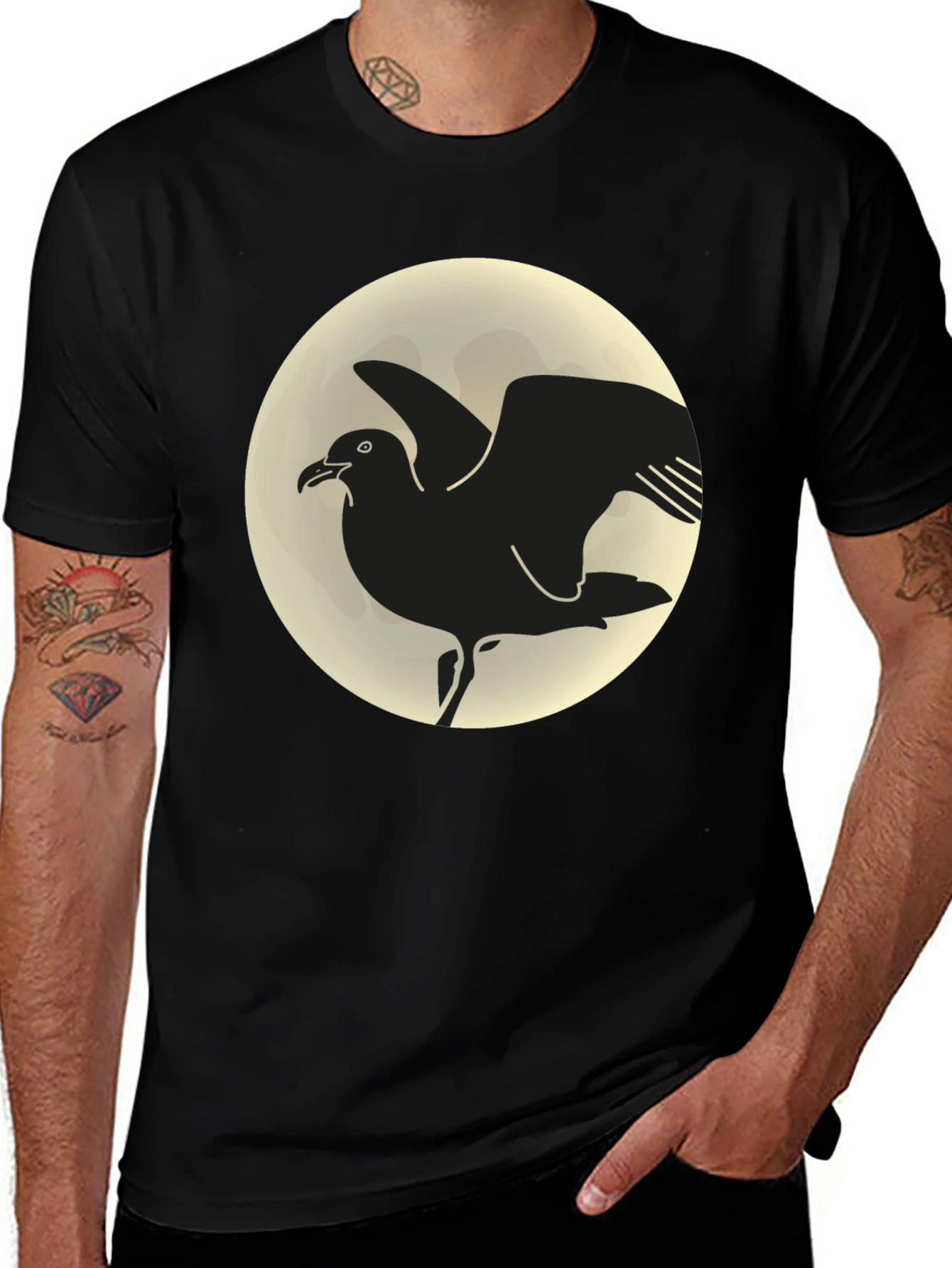 Variant 15 of Seagull Moon Graphic Tee - Black Cotton T-Shirt
