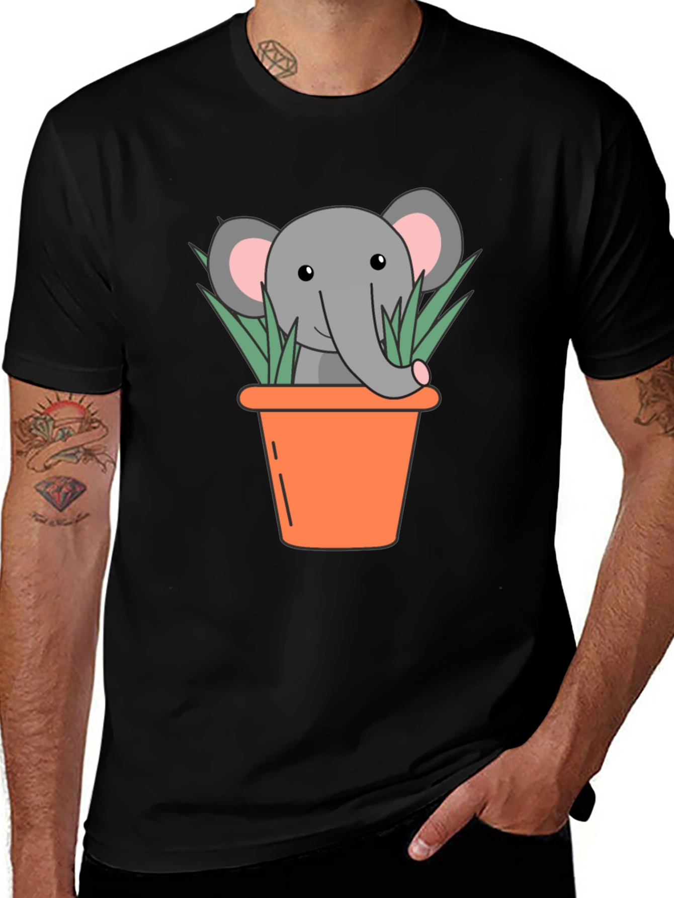Variant 15 of Cute Elephant in Pot Graphic Tee - Black