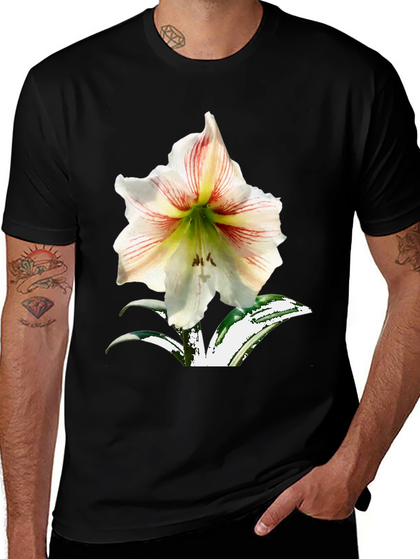 Variant 20 of Floral Amaryllis Print Black T-Shirt