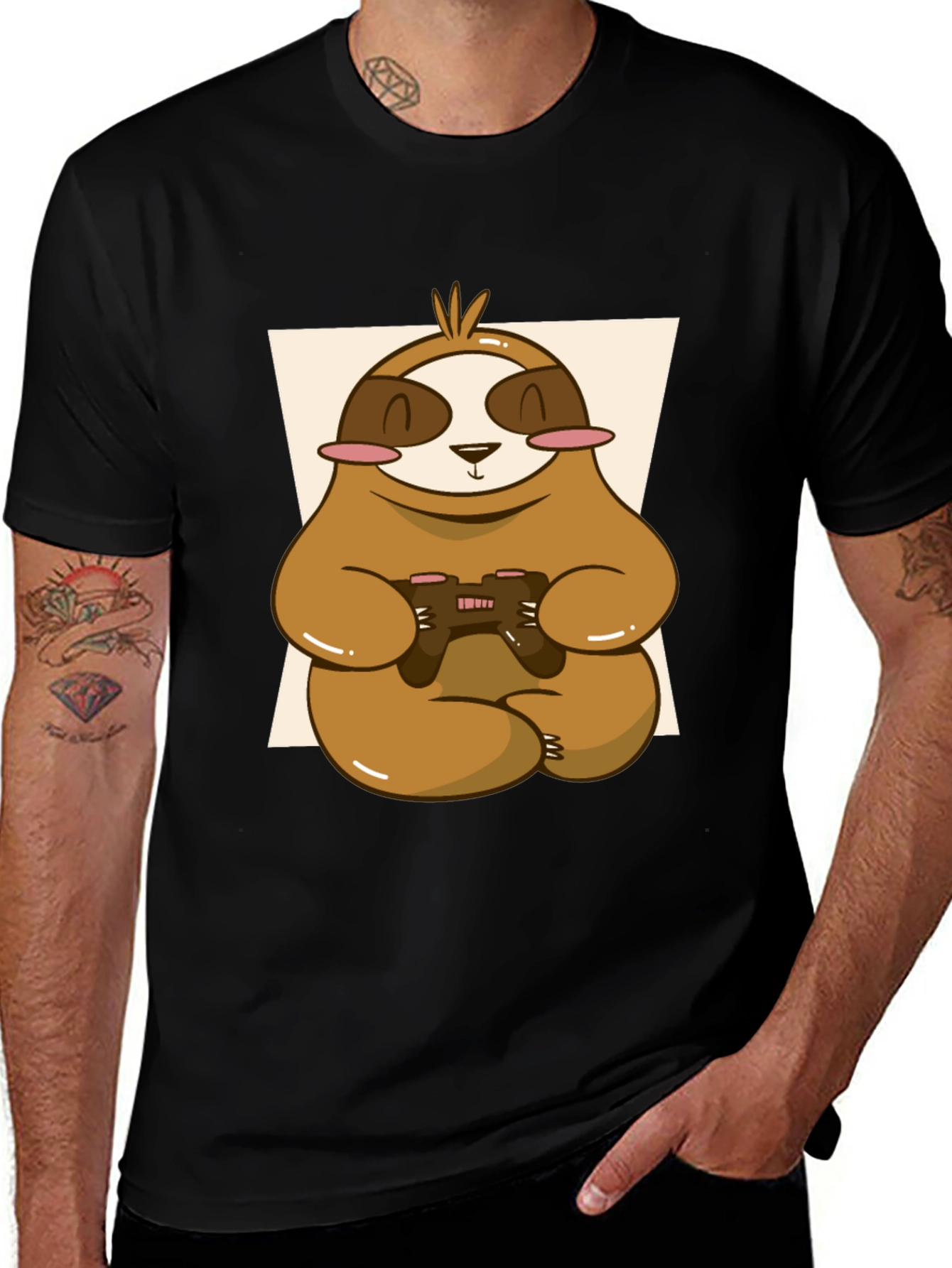 Variant 20 of Gamer Sloth Graphic Tee - Black Cotton T-Shirt