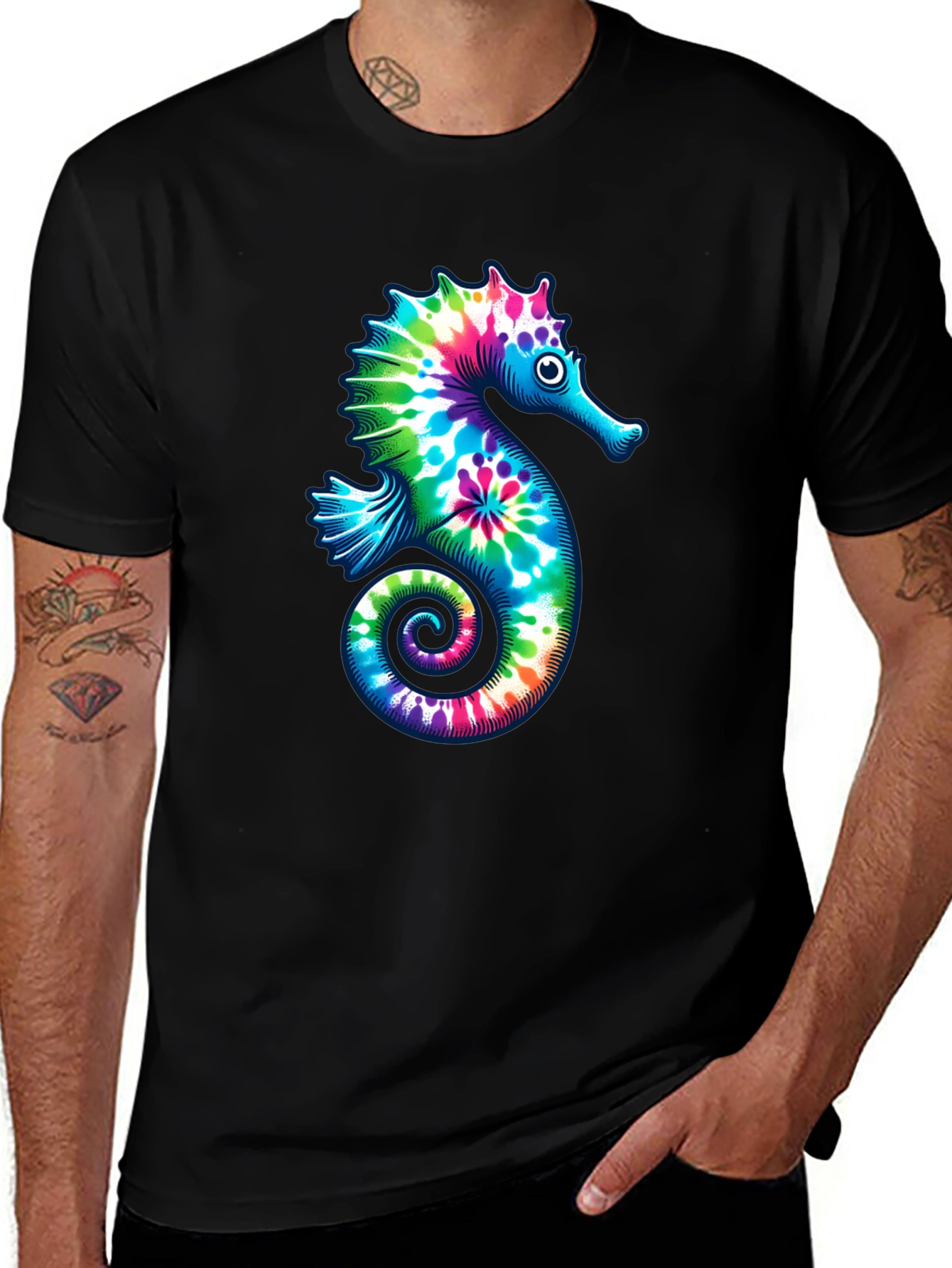 Variant 15 of Tie Dye Seahorse Graphic Tee - Black Cotton T-Shirt