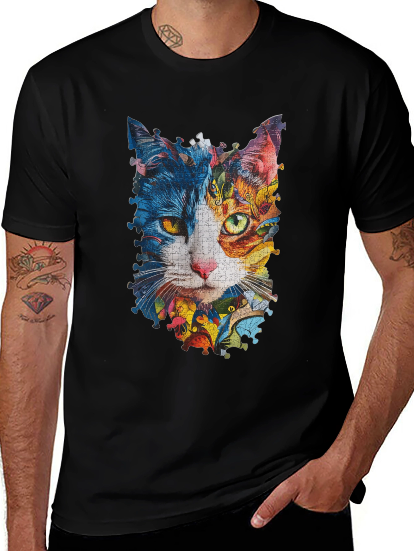 Variant 11 of Cat Puzzle Print Black T-Shirt
