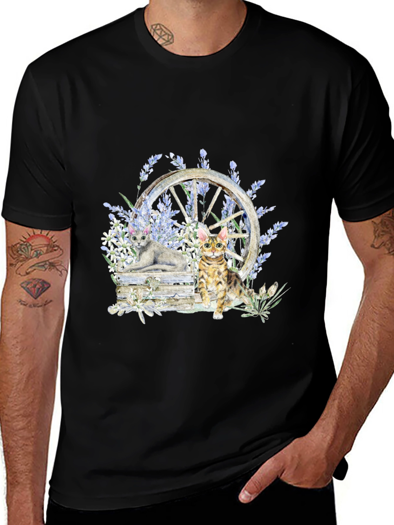 Variant 25 of Cats & Lavender Wheel Black T-Shirt